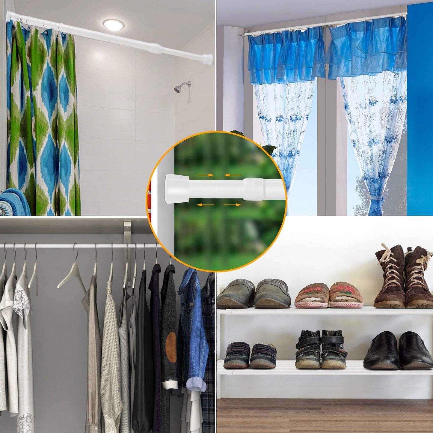 Tension Curtain Rod Adjustable Spring-Loaded Steel Pole