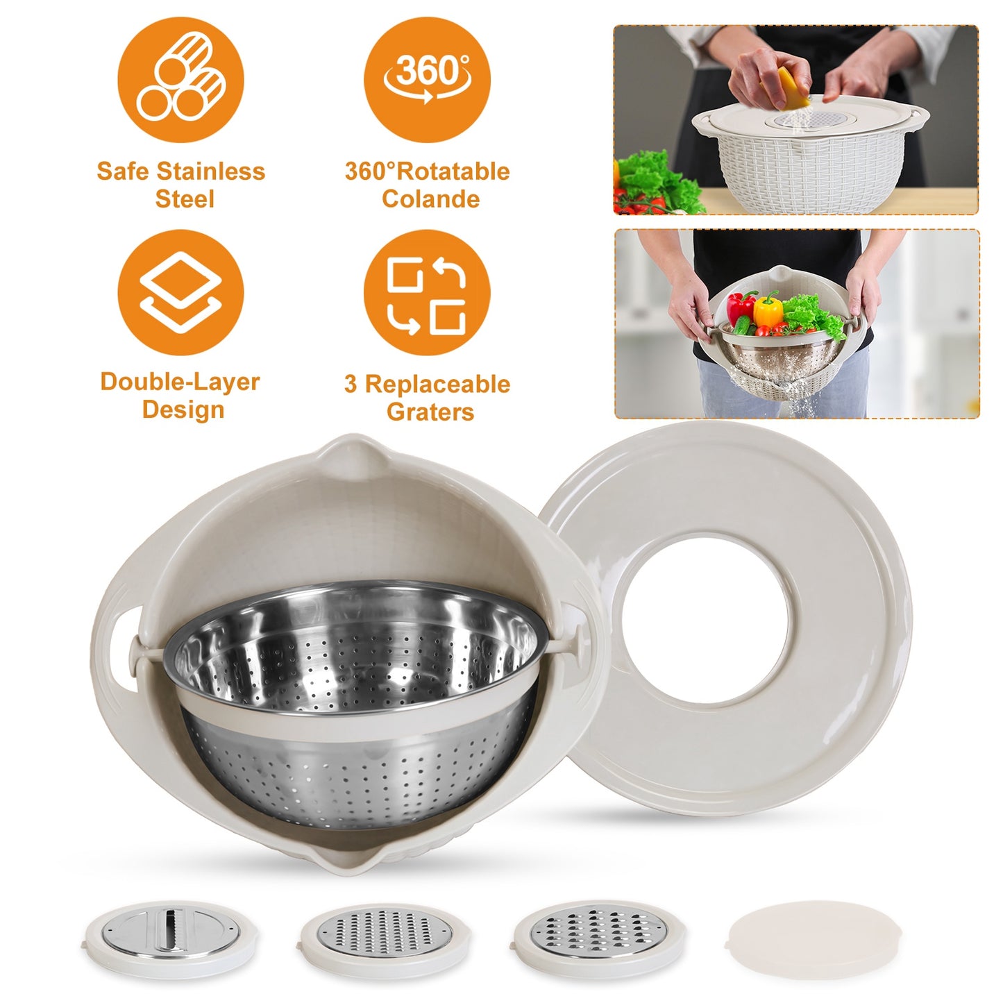 Mixing Bowl with Colander Set & 3 Graters - Multifunctional