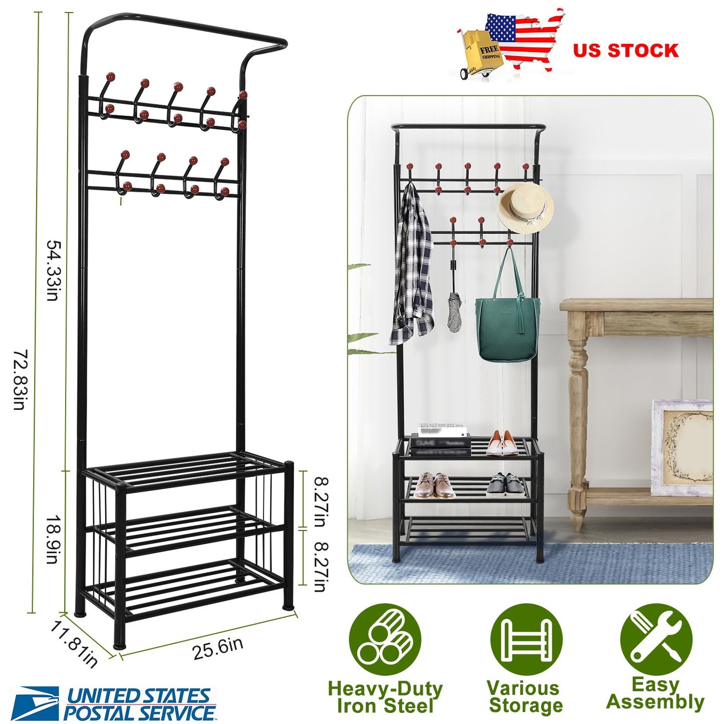 Entryway Hall Tree with Shoe Bench and 18 Hooks