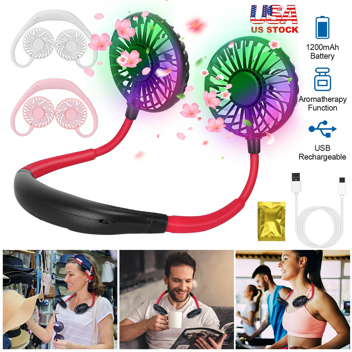 Neck Hanging Fan USB Rechargeable with Aromatherapy & LED