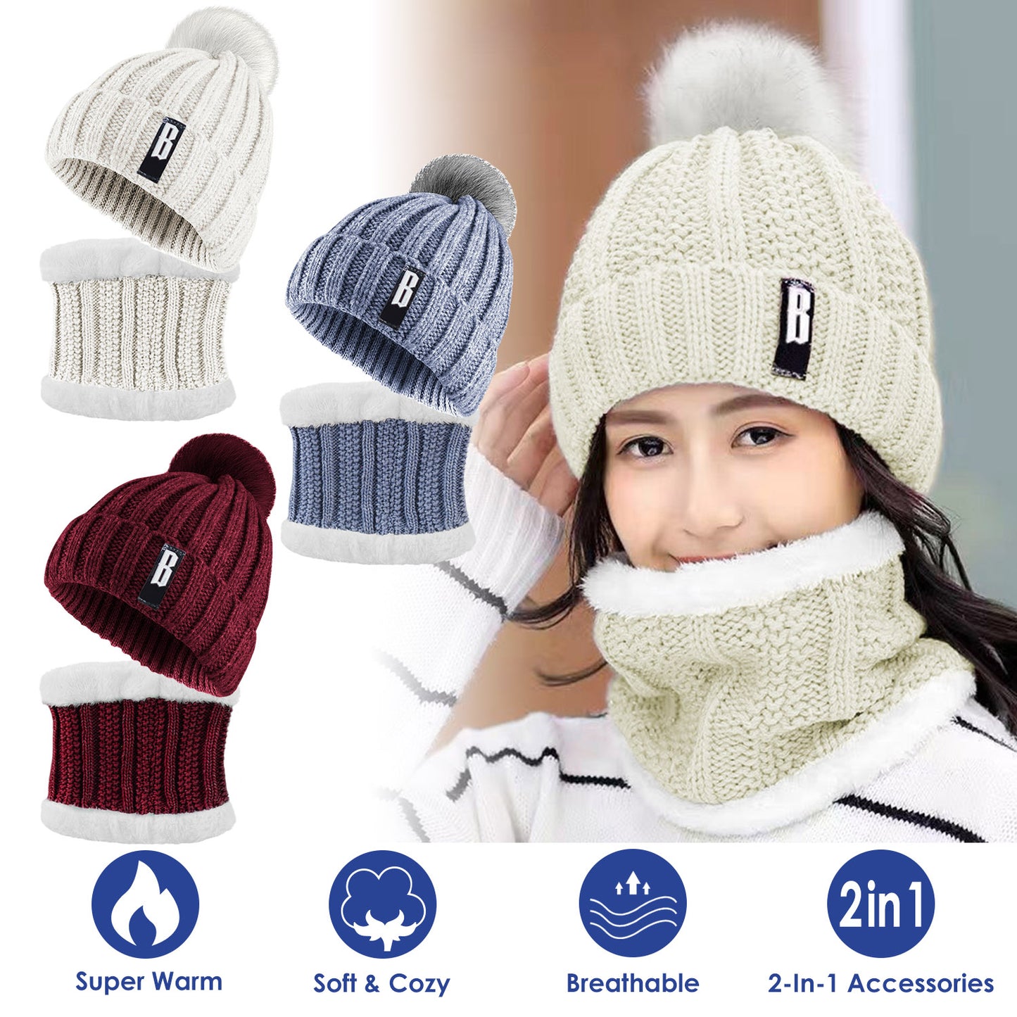 Beanie Hat and Scarf Set - Fleece Lined Winter Knit