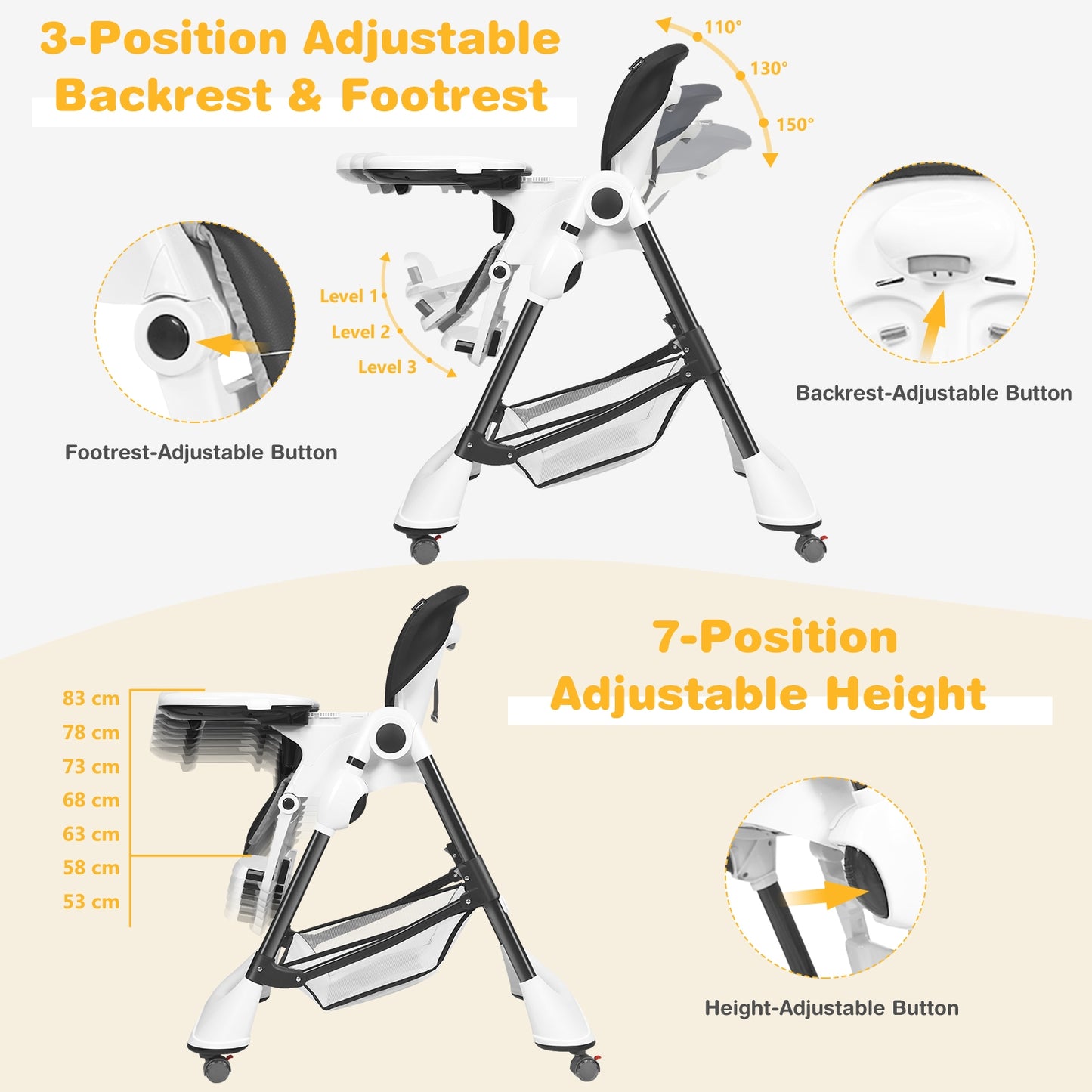Foldable High Chair with 4 Lockable Wheels and 5-Point Harness