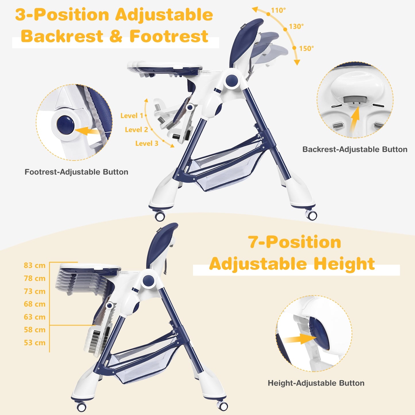 Foldable High Chair with 4 Lockable Wheels and 5-Point Harness