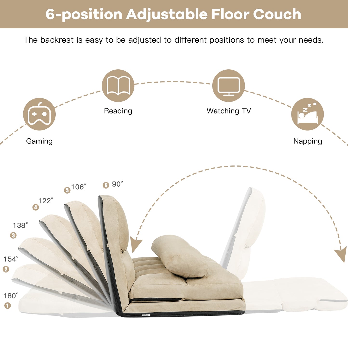 6-Position Foldable Floor Sofa Bed with Removable Cover
