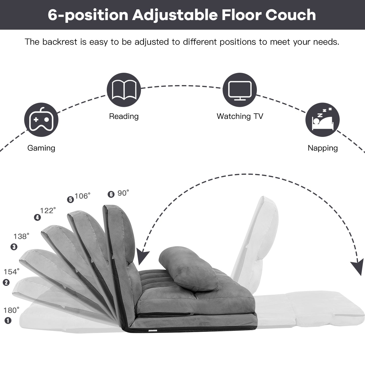 6-Position Foldable Floor Sofa Bed with Removable Cover