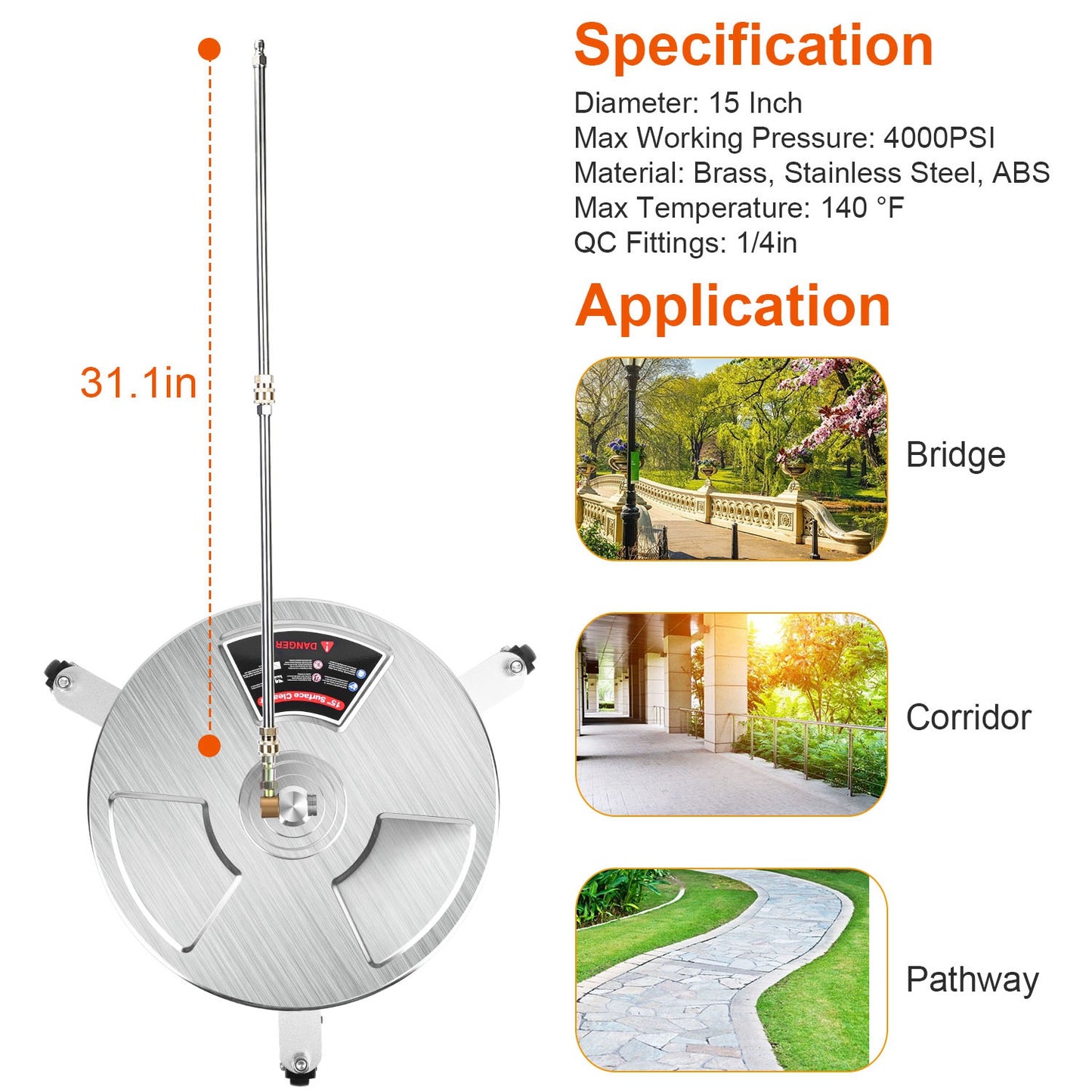 15" Pressure Washer Surface Cleaner 4000PSI with Wheels