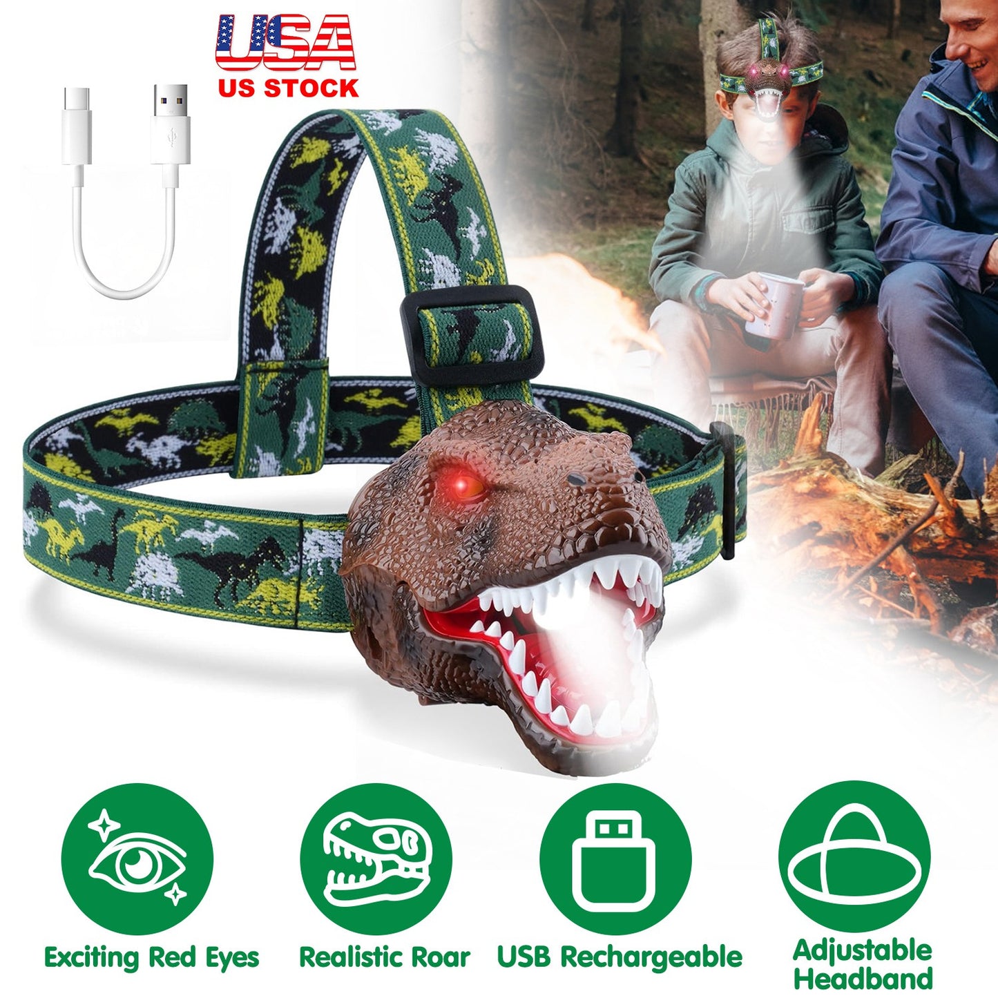 Dinosaur Headlamp for Kids with Realistic Roar Sound