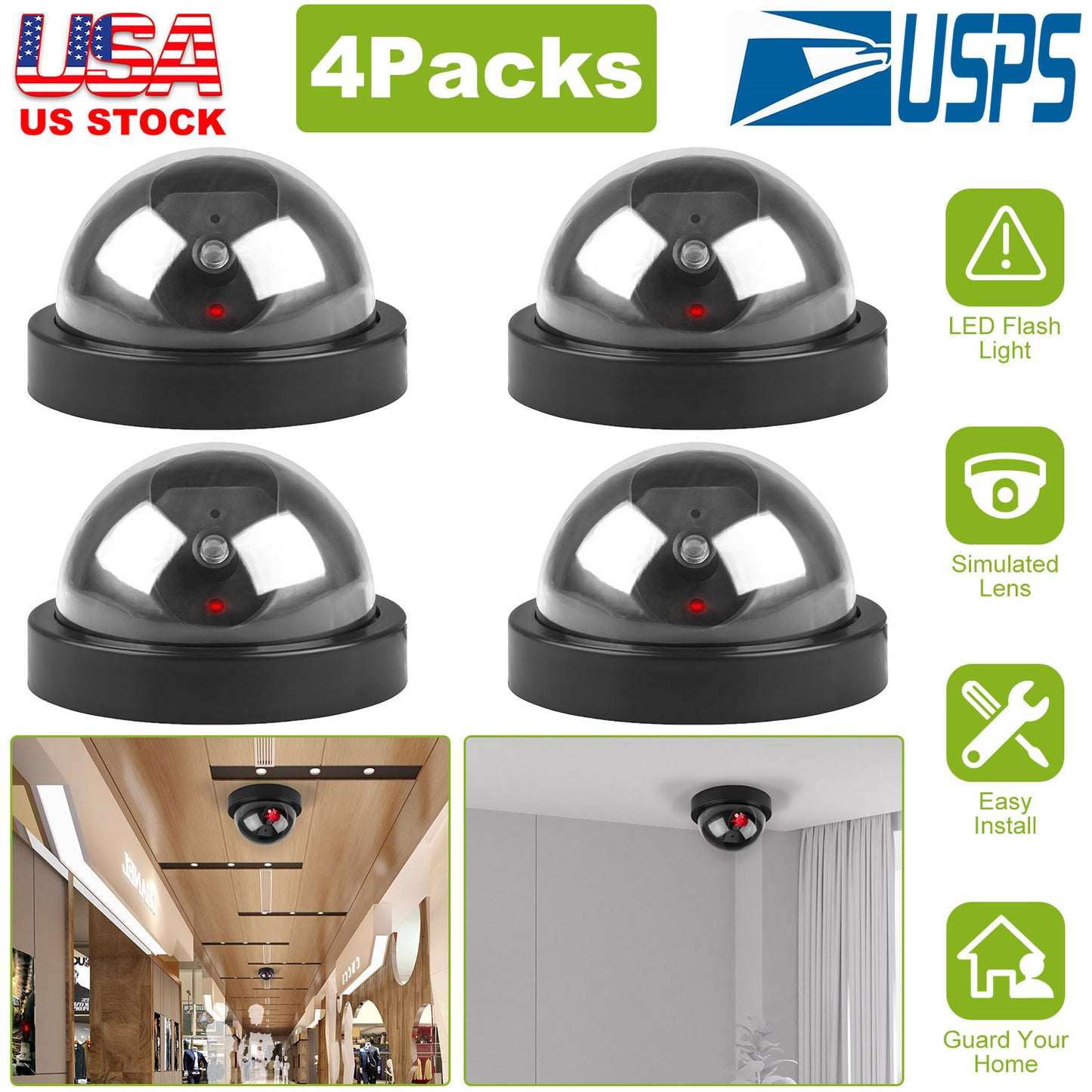 Dummy Security Camera Dome with Flashing LED Light (4-Pack)