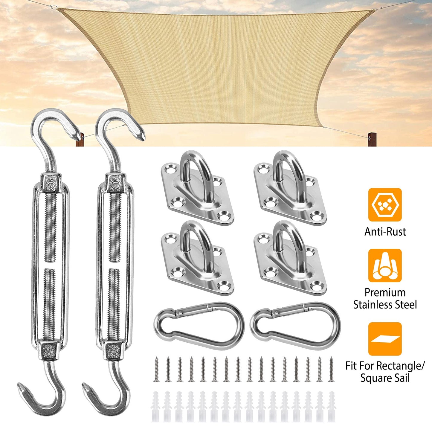 Sun Shade Sail Hardware Kit - Stainless Steel 32-Piece