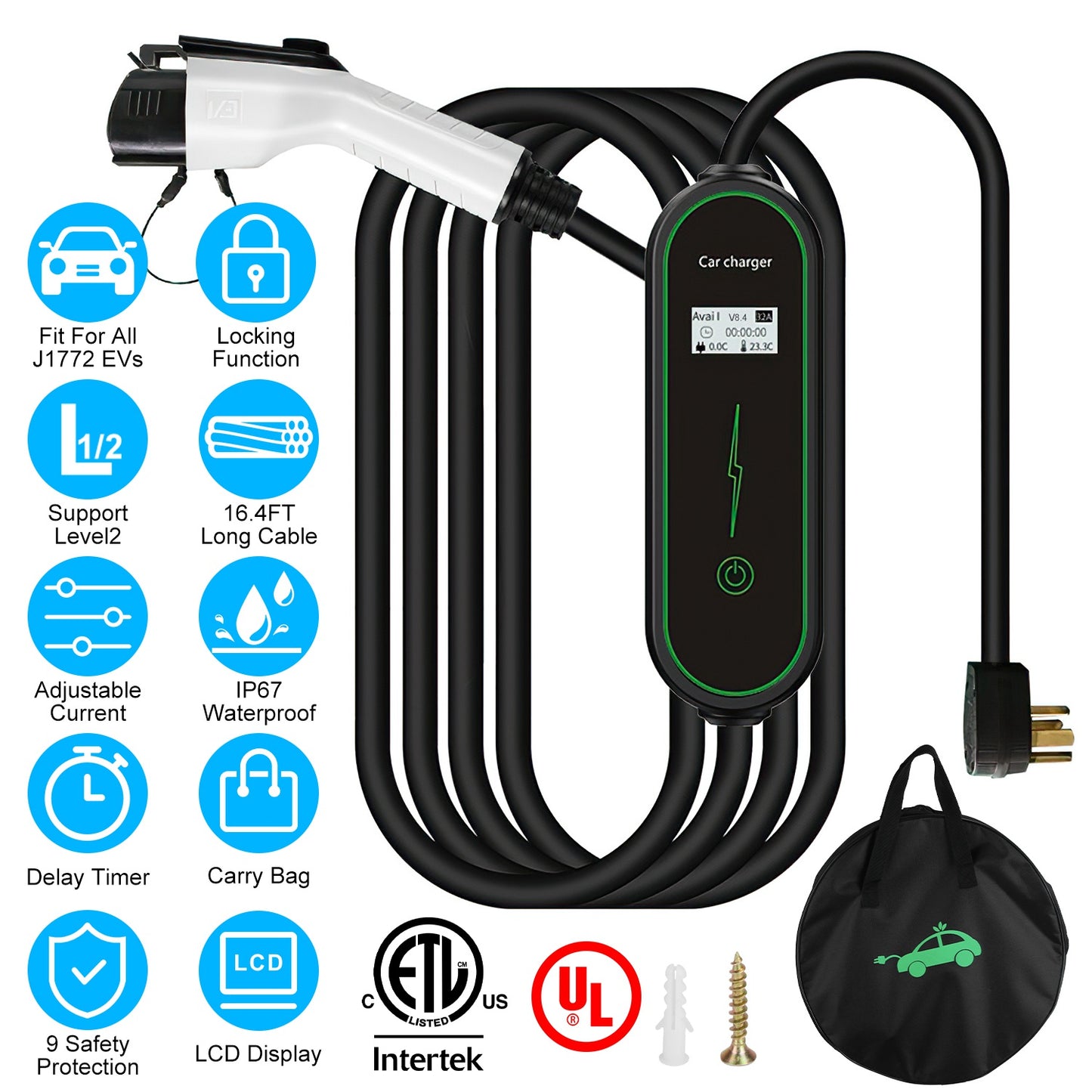 Level 2 EV Charger with NEMA 6-20P Plug and Carry Bag