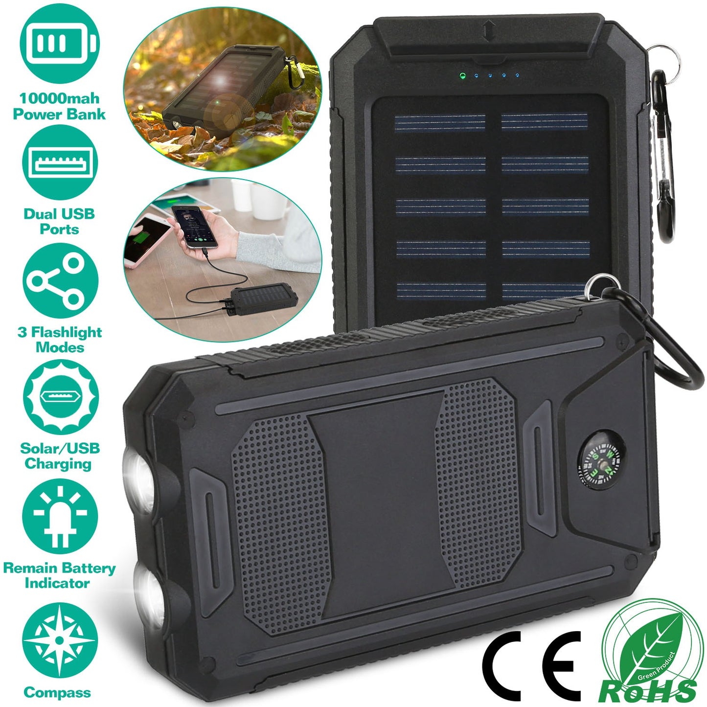 10000mAh Solar Power Bank with Dual USB Ports and LED Flashlight