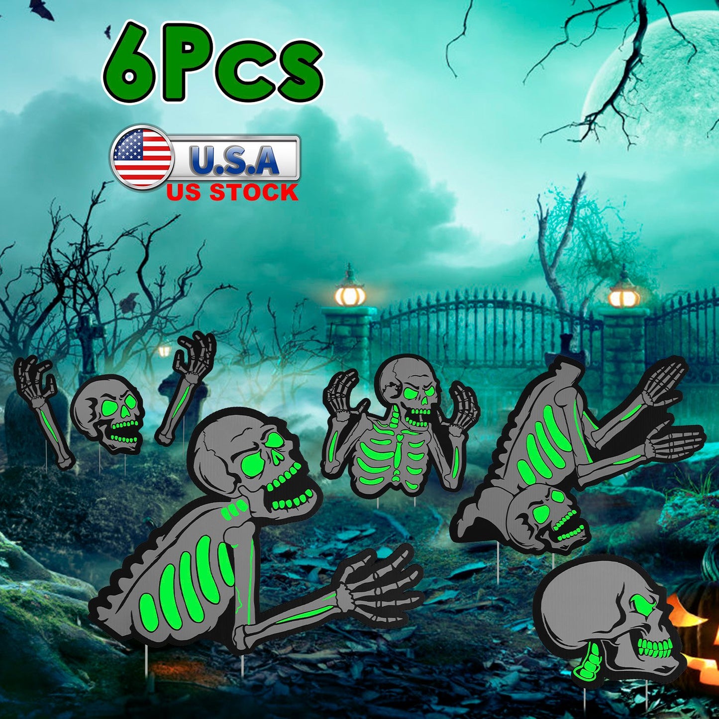 Glow in the Dark Skeleton Yard Signs 6-Piece Halloween Set