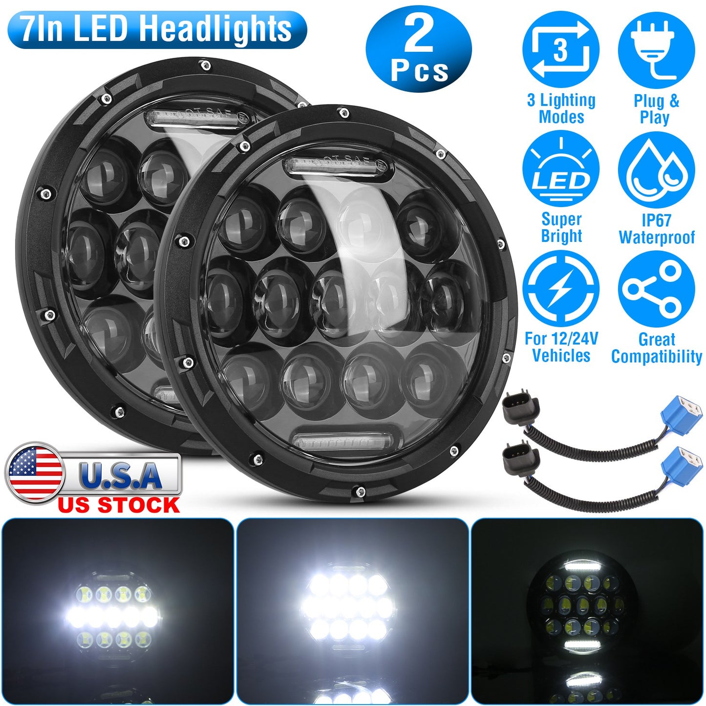 7 Inch Round LED Headlights 75W with DRL for Jeep Wrangler