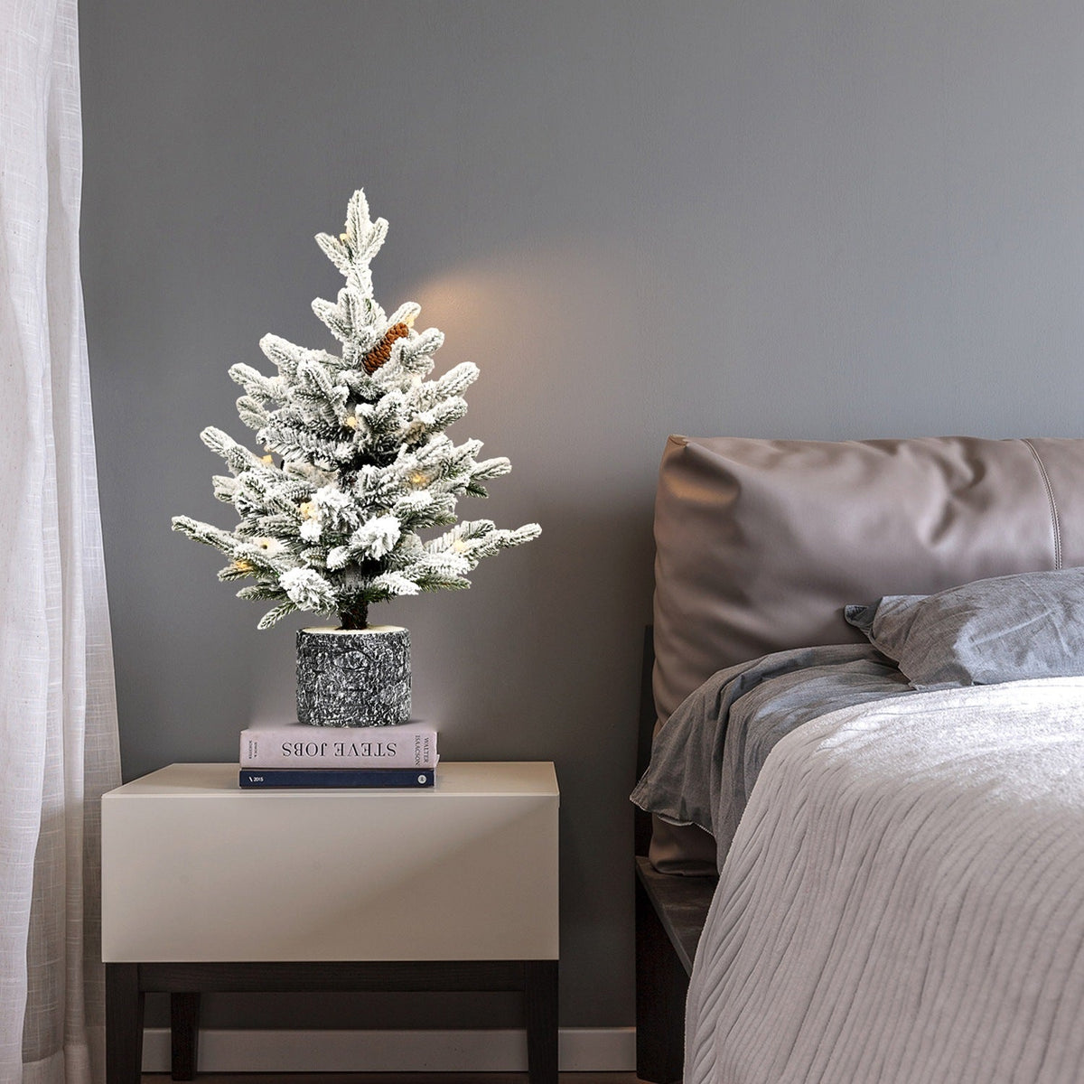 2FT Pre-Lit Flocked Christmas Tree with Pot & Pine Cones