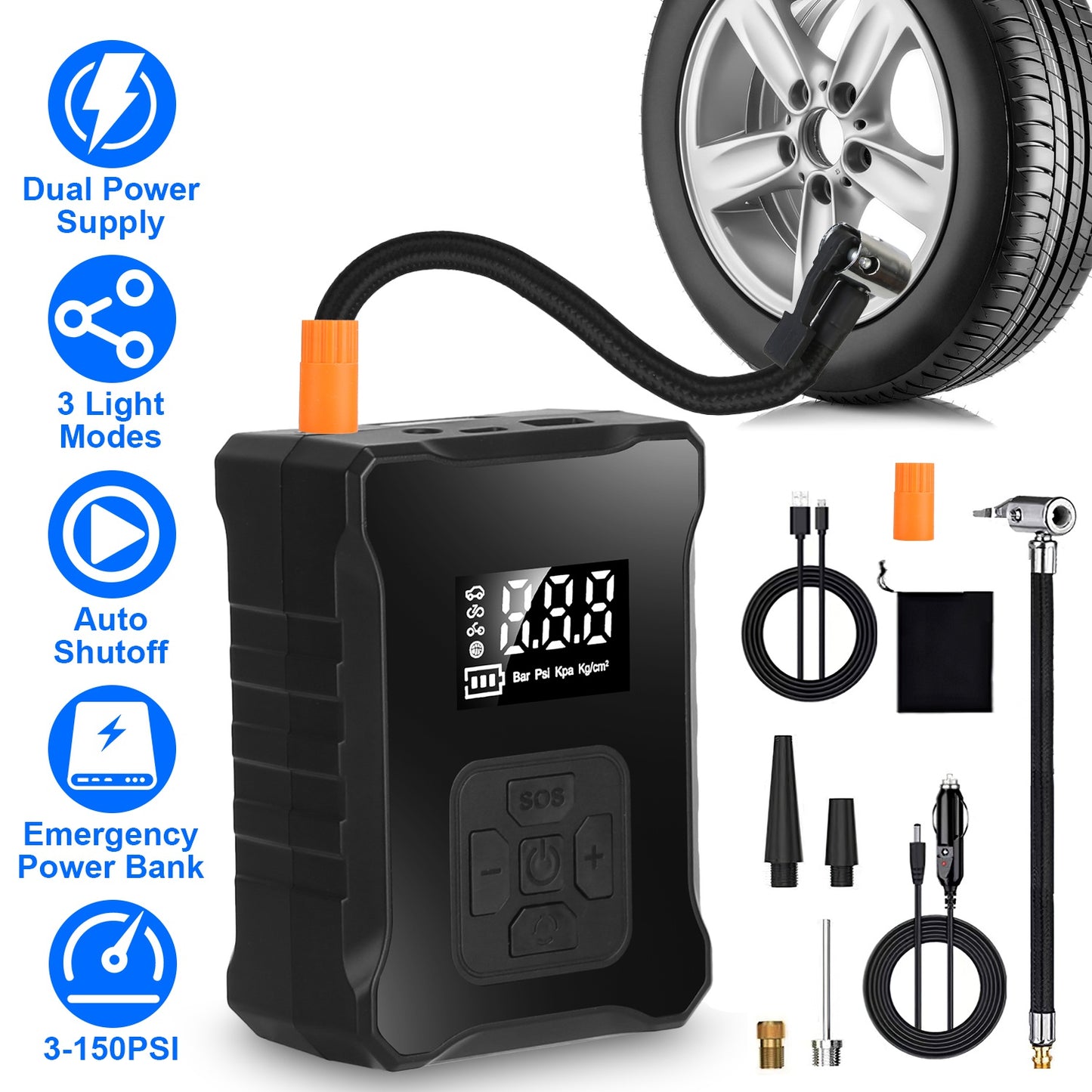 Cordless Tire Inflator 150PSI with LED Light & Power Bank