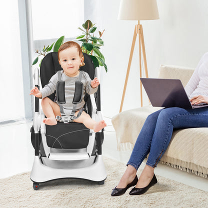 Foldable High Chair with 4 Lockable Wheels and 5-Point Harness