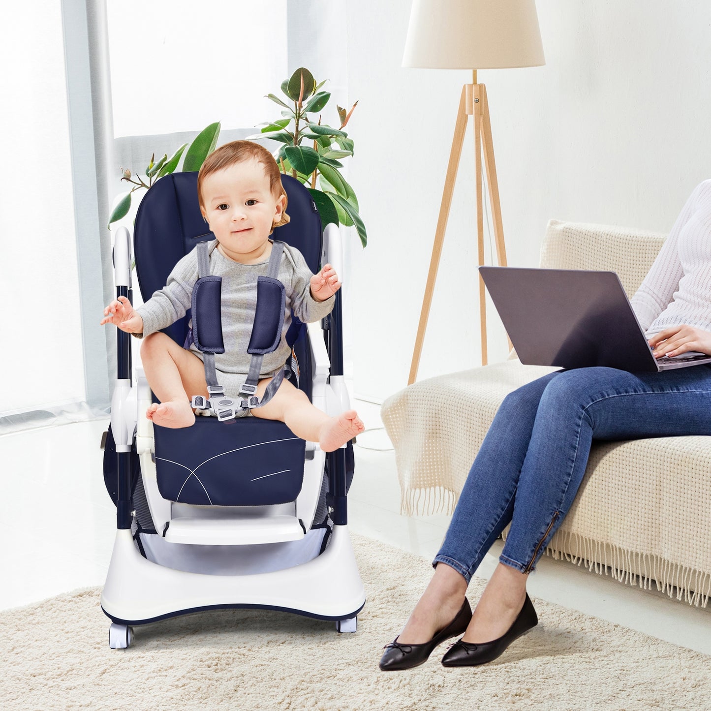 Foldable High Chair with 4 Lockable Wheels and 5-Point Harness