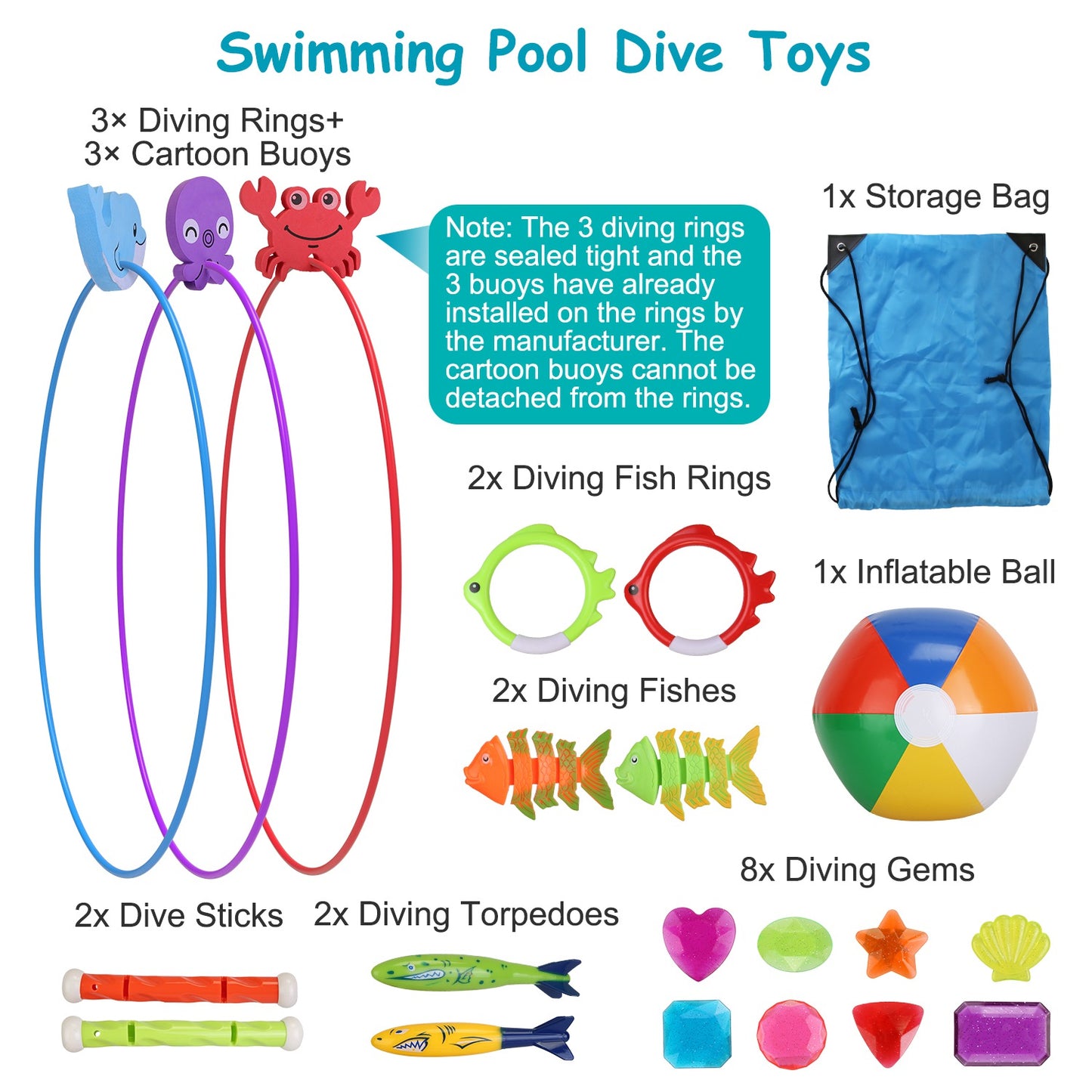 Swimming Pool Diving Toys Set - 24 Pieces with Storage Bag