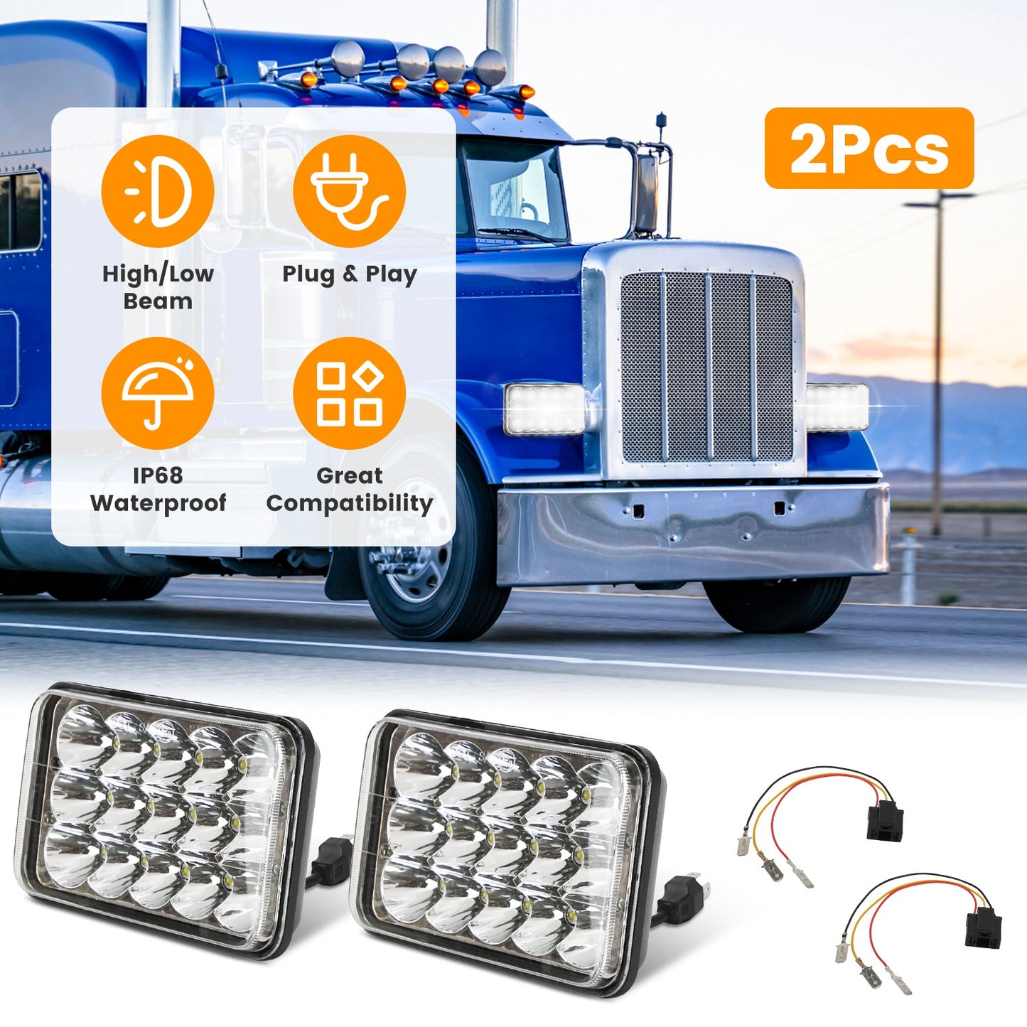 4x6 Inch LED Headlights with High/Low Beam for Cars & Trucks