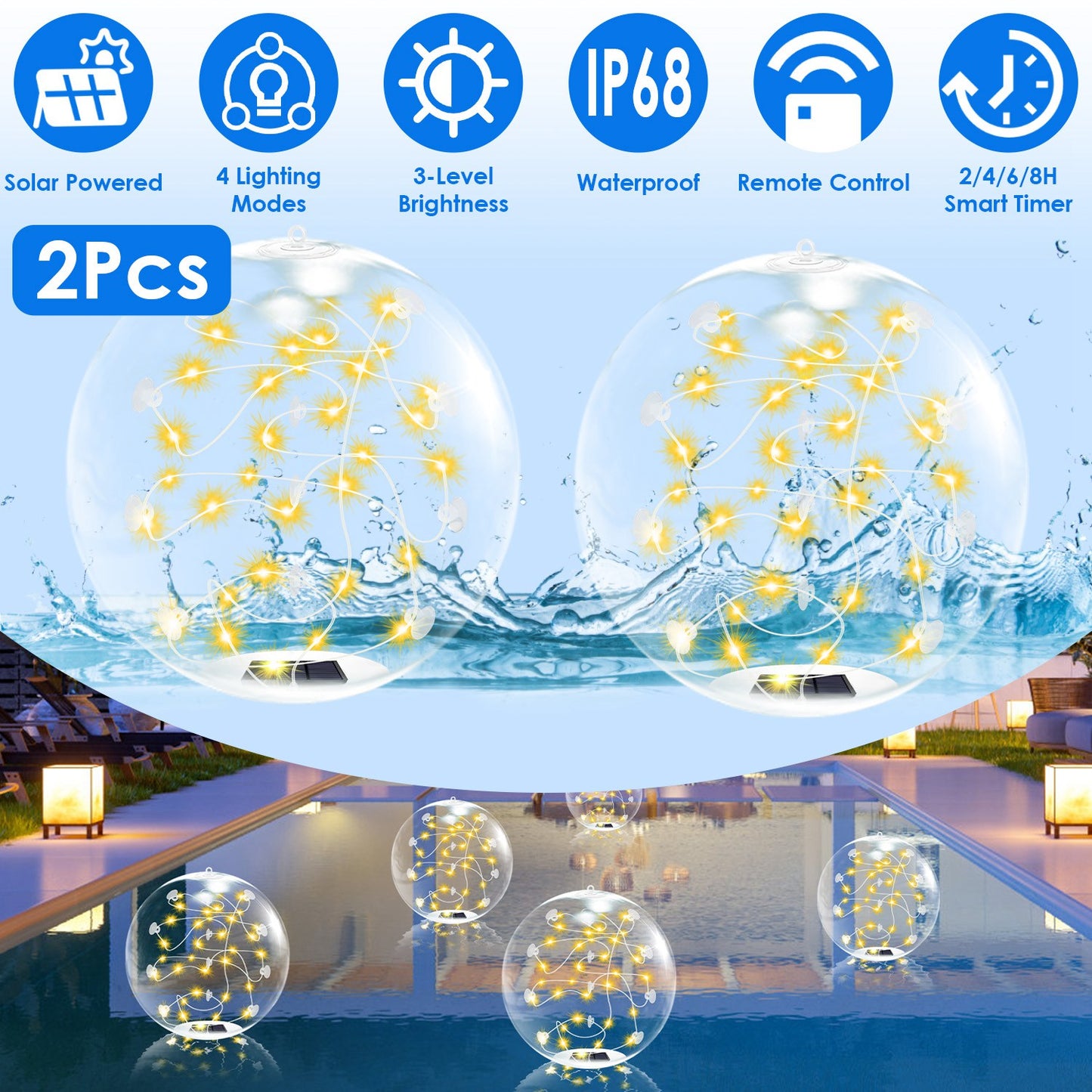 Solar Floating Pool Lights 14in with Remote Control (2-Pack)