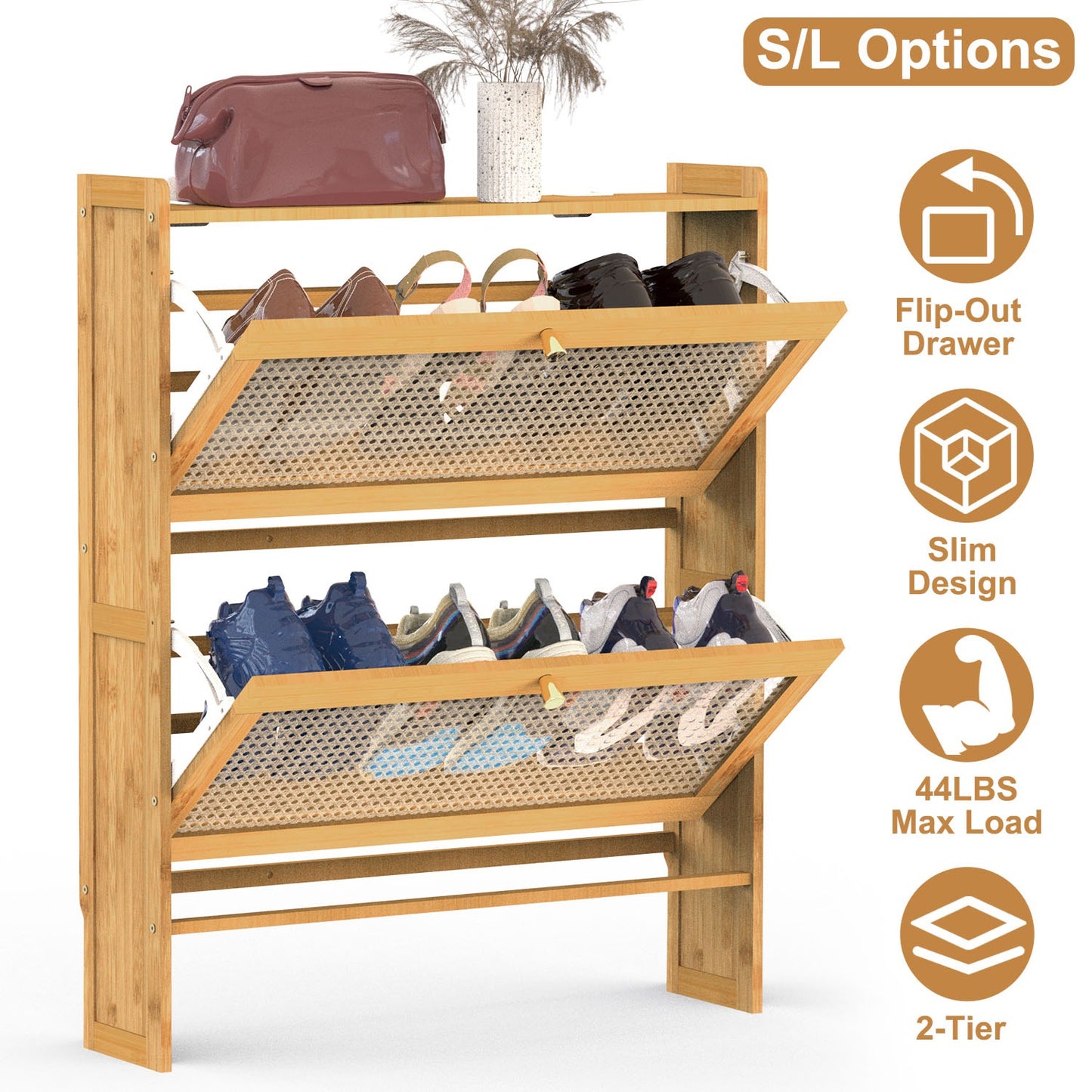 2-Tier Bamboo Shoe Cabinet with Flip Drawers for Entryway
