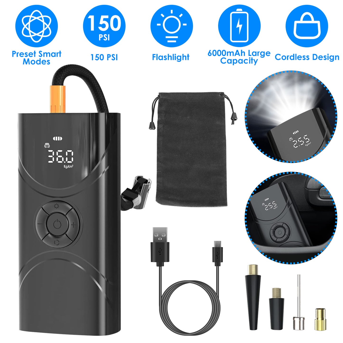 Portable Tire Inflator 150 PSI Wireless Air Compressor 6000mAh