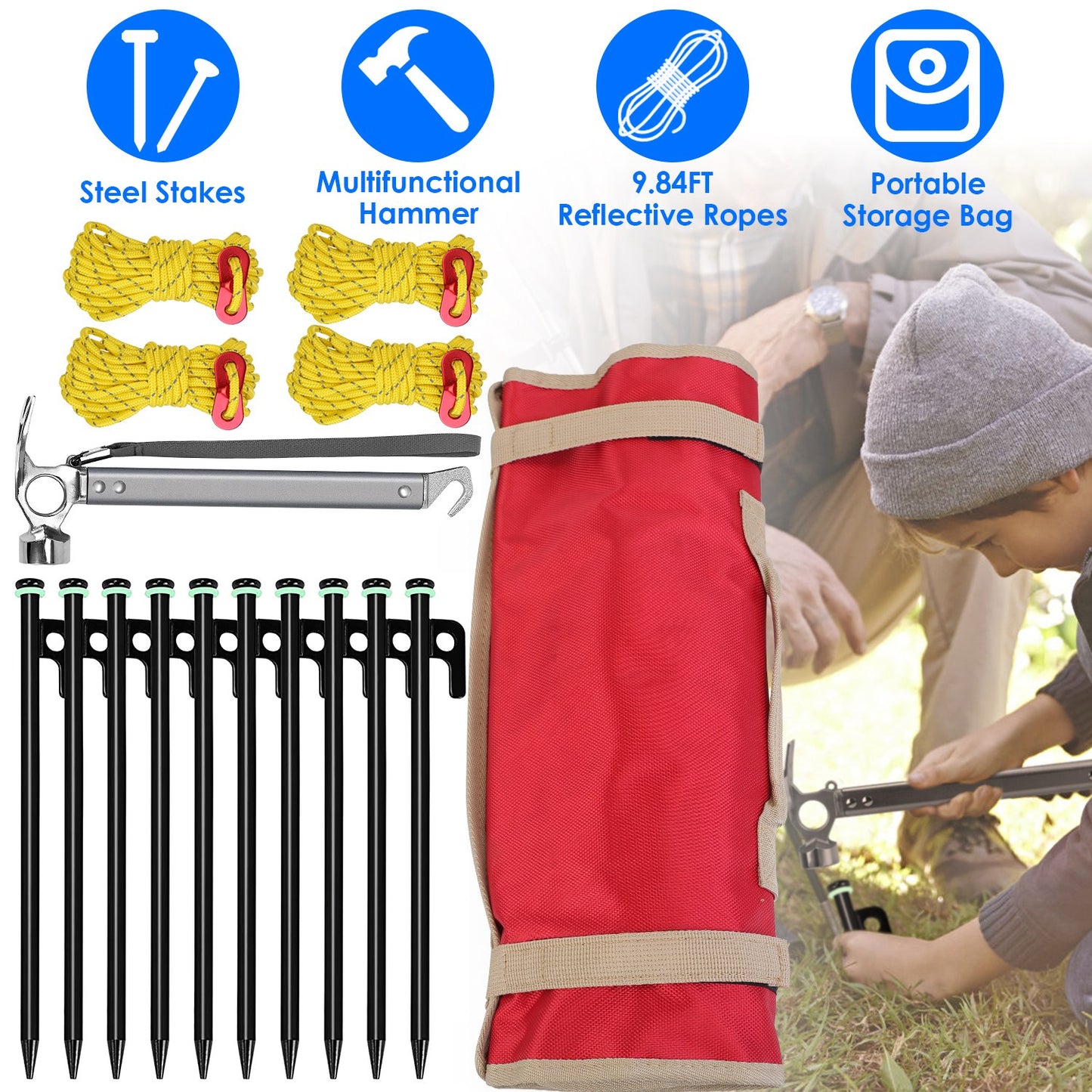 Tent Stakes Kit with Hammer and Reflective Ropes - 10 Stakes
