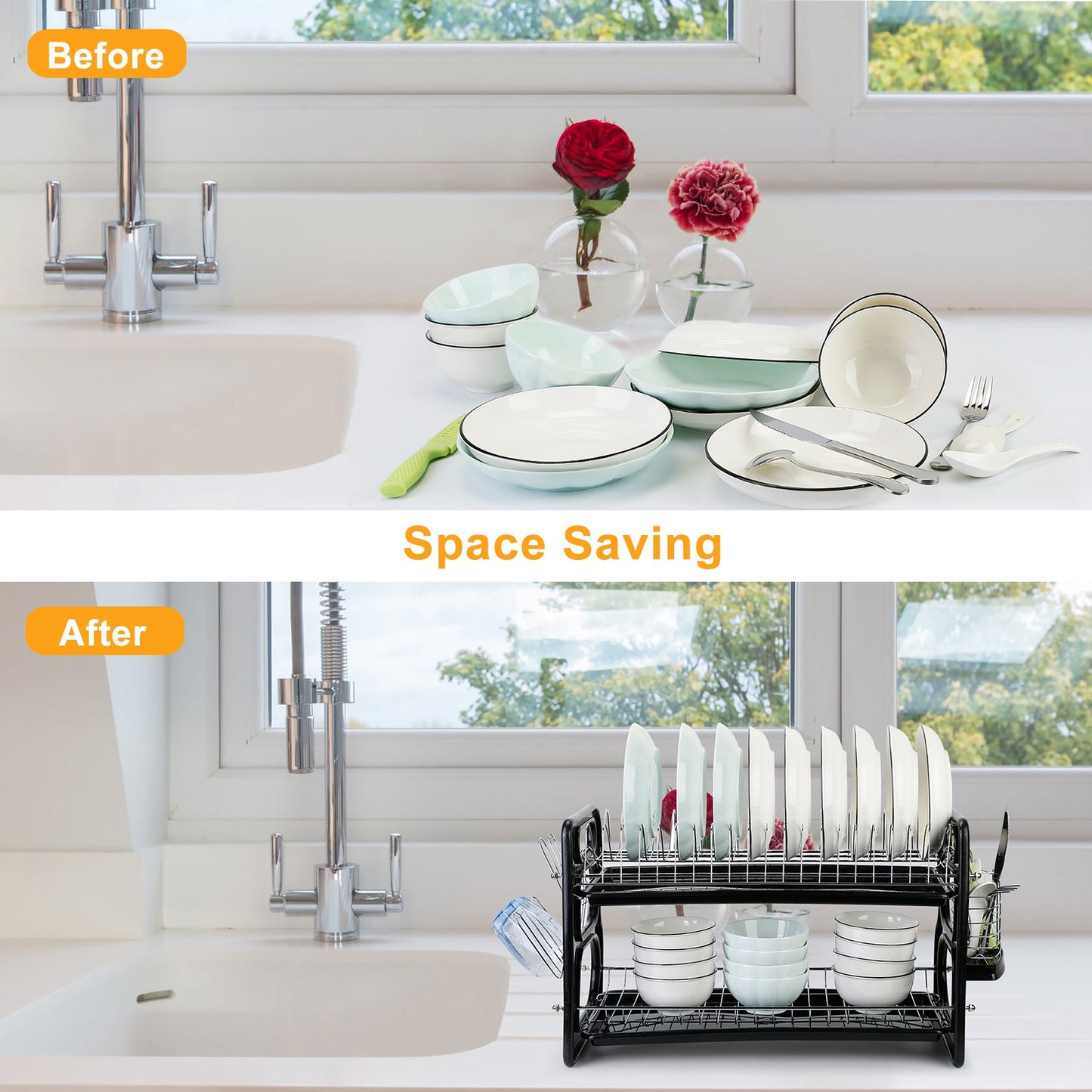 2-Tier Dish Drying Rack with Drainboard and Cup Holder