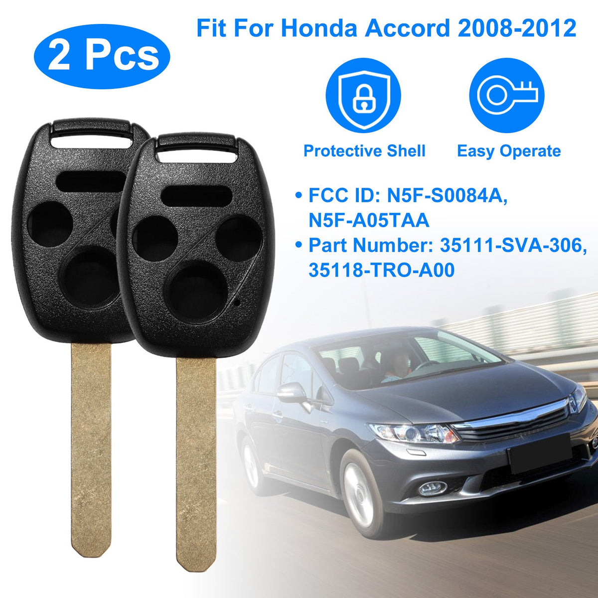 2Pcs Keyless Entry Remote Shell Case Fit For Honda Accord 2008-2012 Car Key Fob Pad Replacement N5F-S0084A N5F-A05TAA w/ Uncut Blade