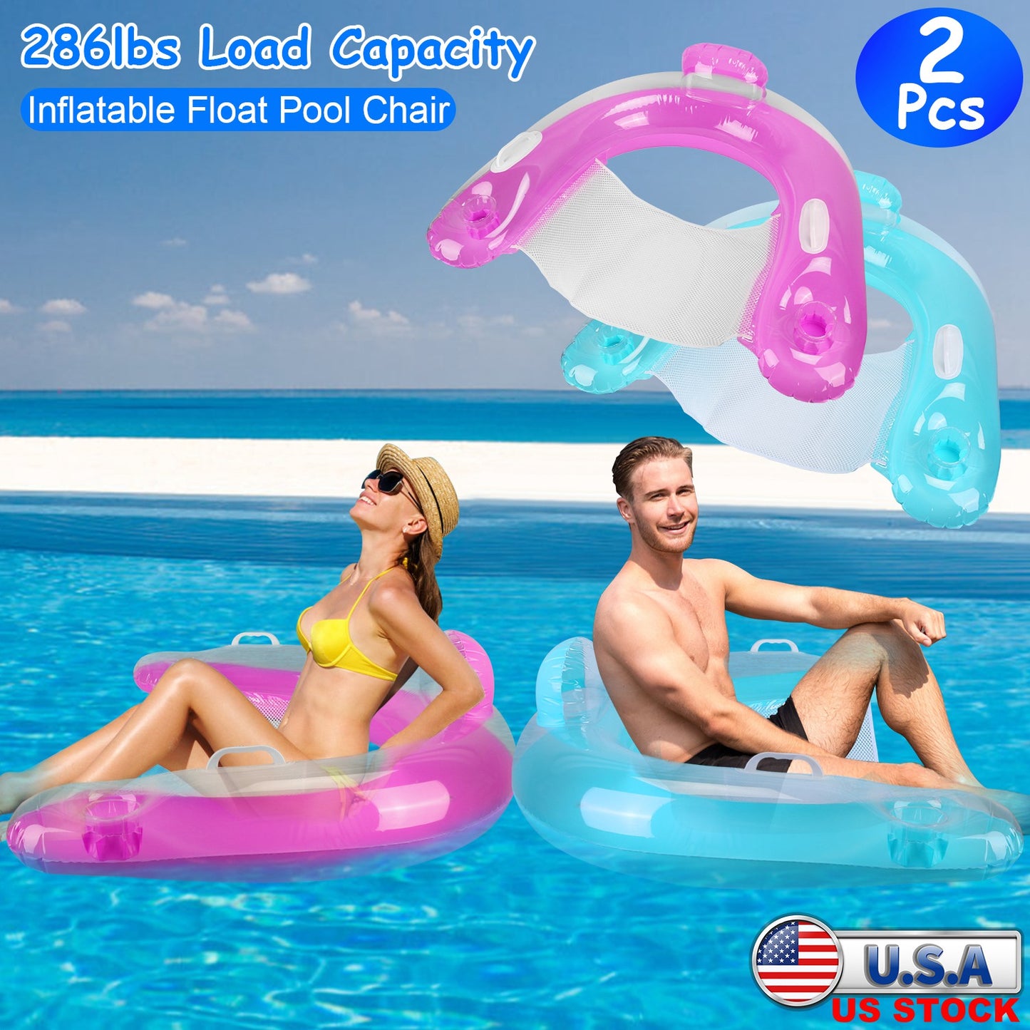 Inflatable Pool Float Chair with Cup Holders - 2 Pack