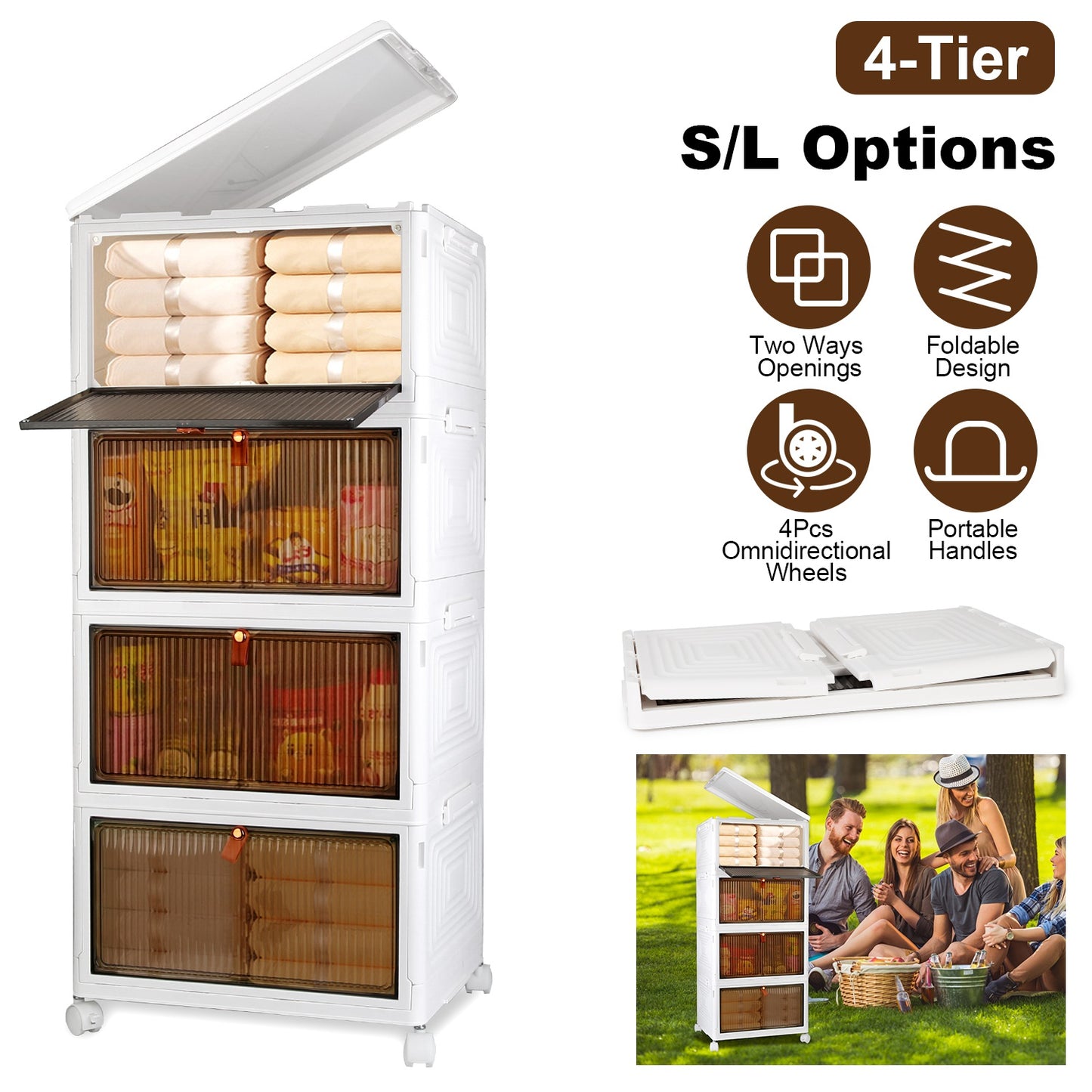 4-Tier Stackable Storage Bins with Wheels and Magnetic Door