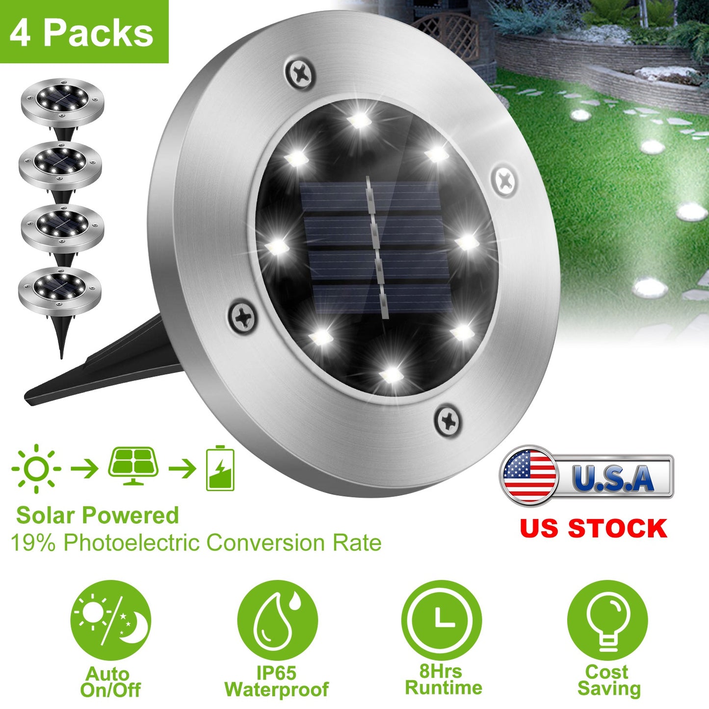 Solar Powered Ground Lights 4-Pack Waterproof Outdoor Path