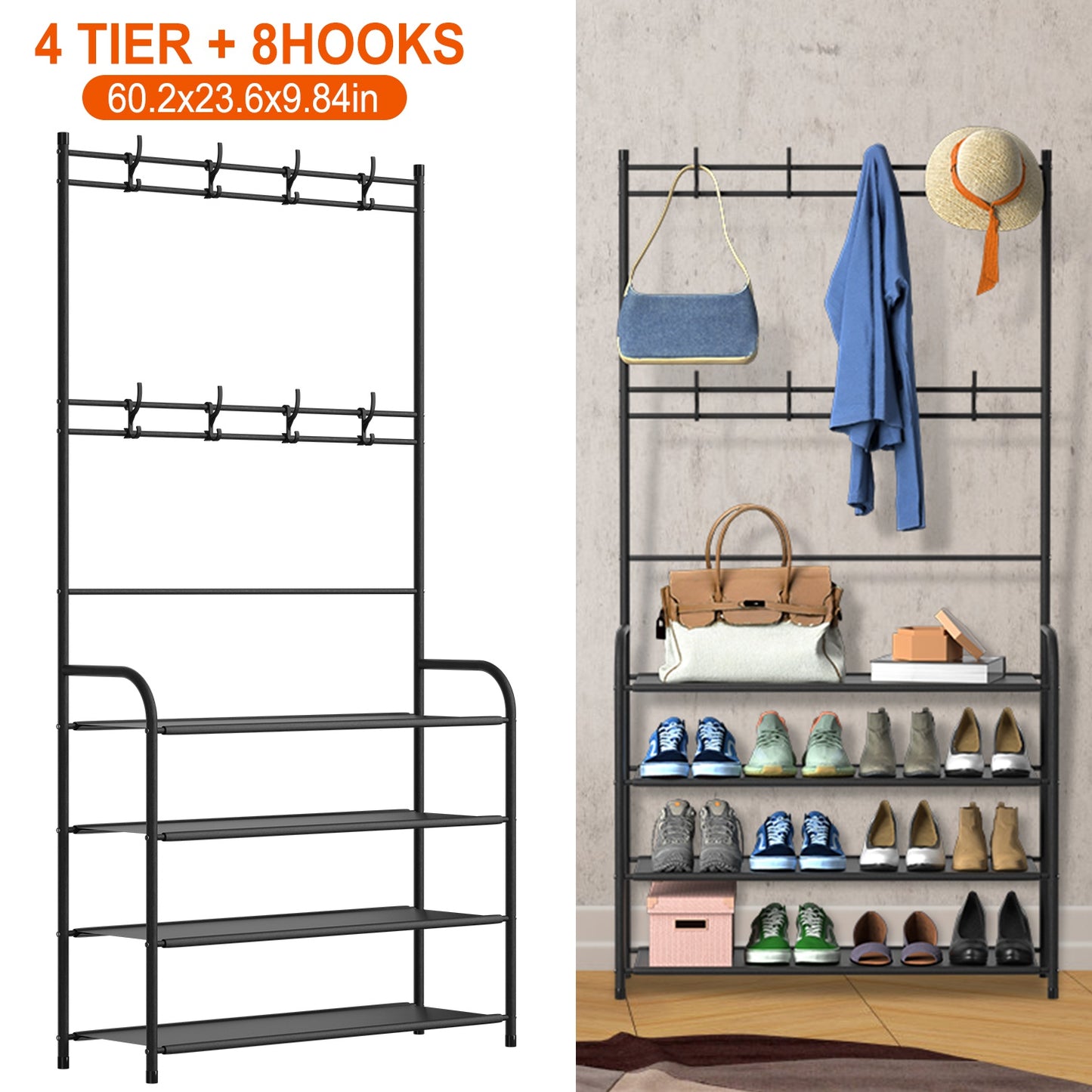 Entryway Coat Rack with 4-Tier Shoe Storage Shelf