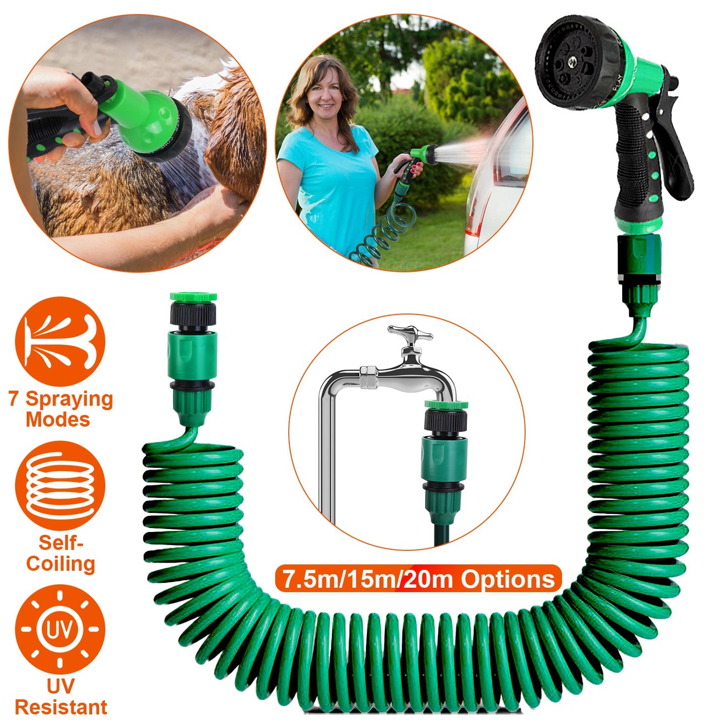 Self-Coiling Garden Hose with 7-Mode Sprayer - 49.2ft