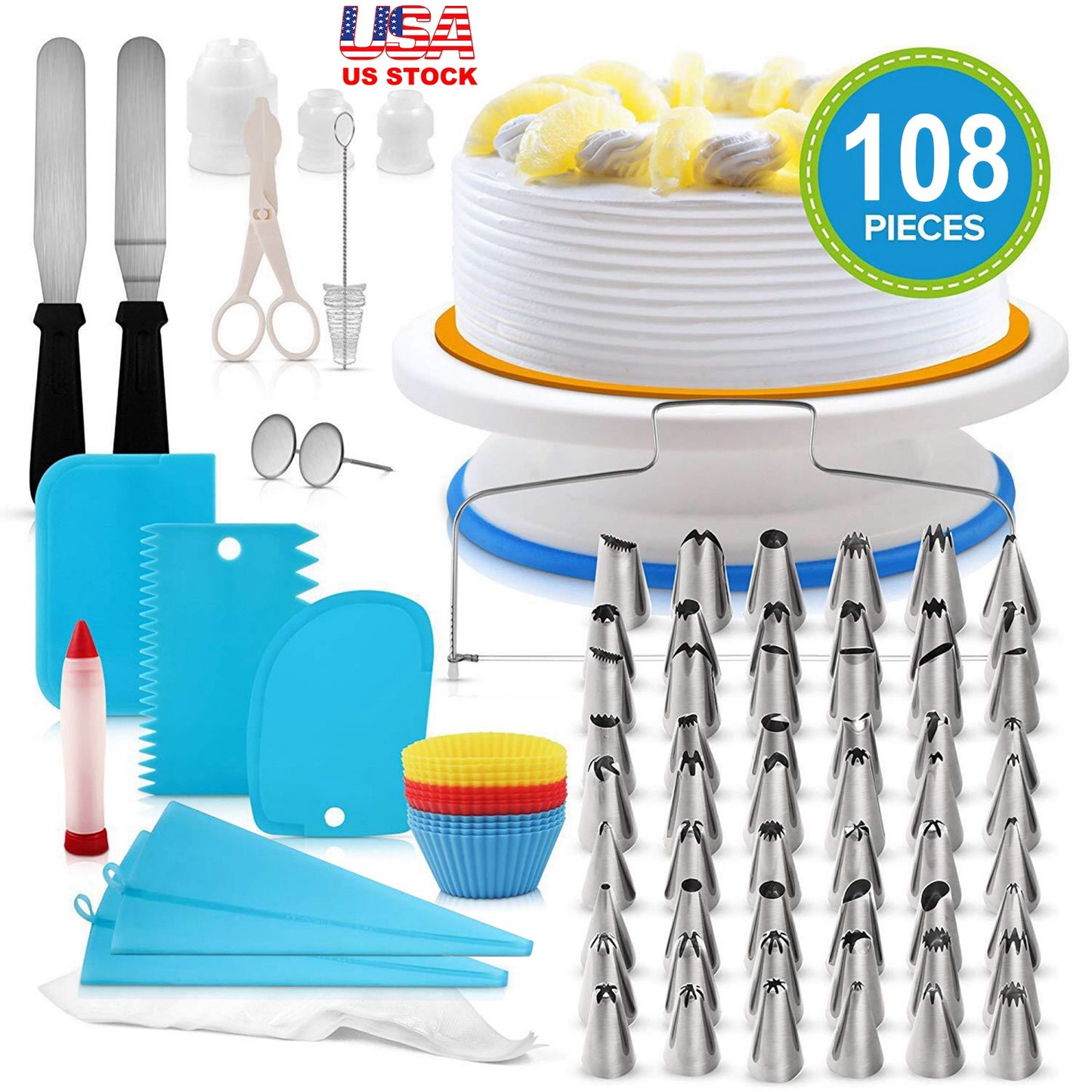 Rotating Cake Turntable with 108-Piece Decorating Kit