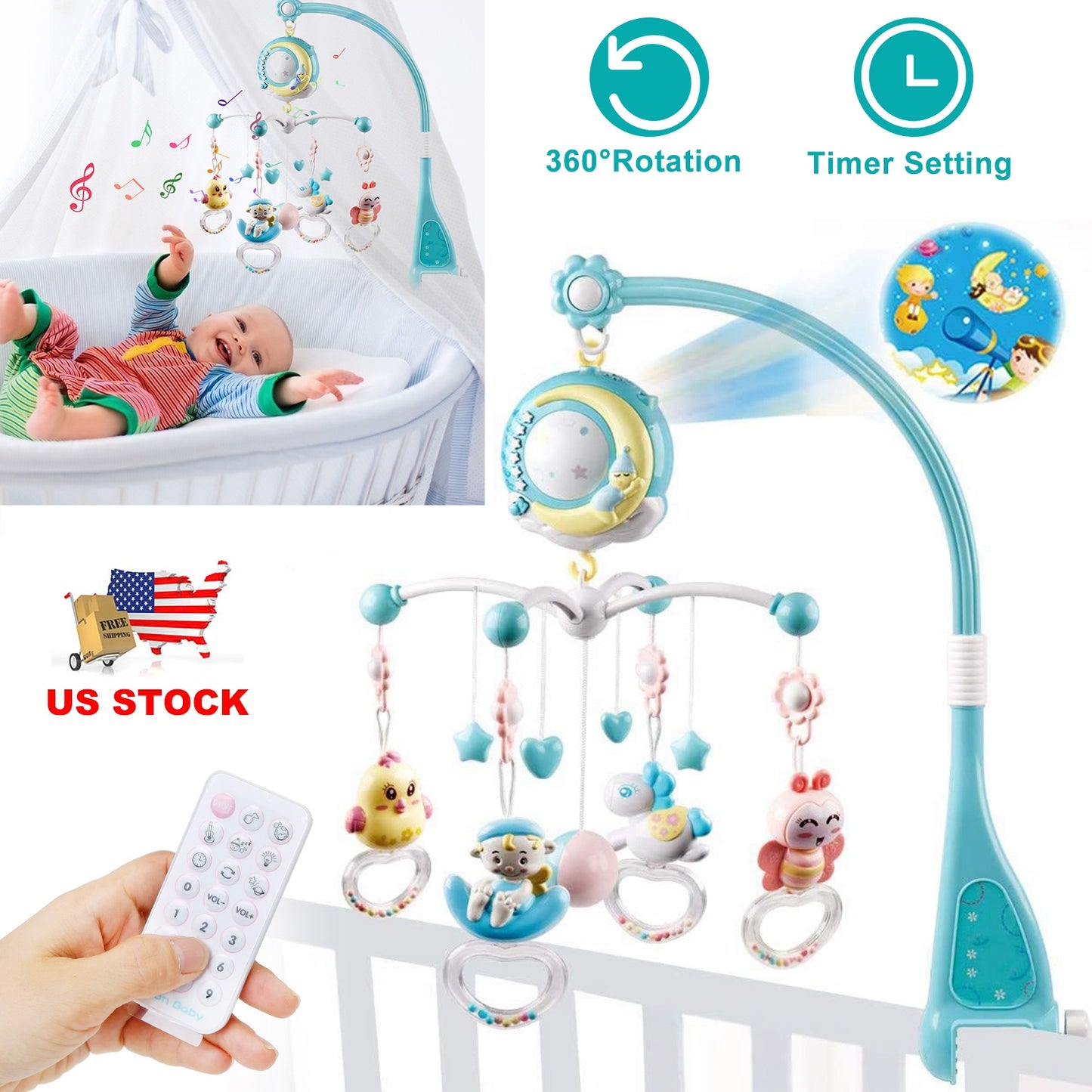 Musical Crib Mobile with Star Projector & Remote Control