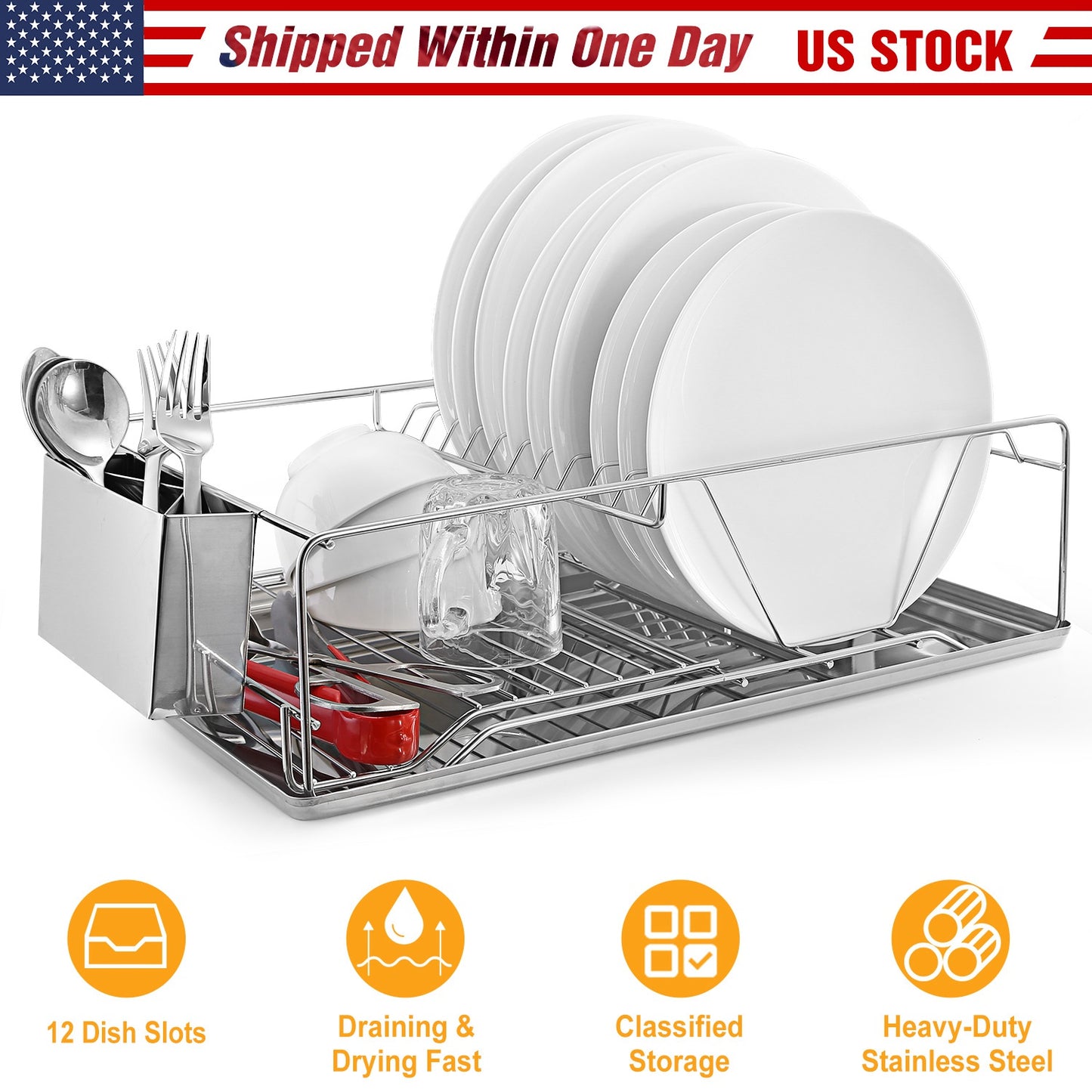 Stainless Steel Dish Drying Rack with Drainboard & Cutlery Holder