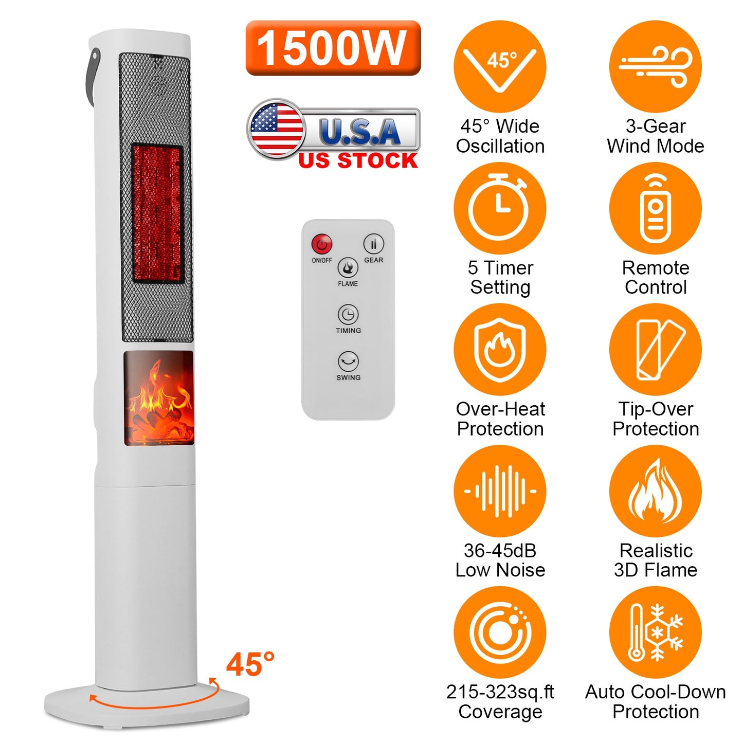Oscillating Ceramic Tower Space Heater with 3D Flame Effect