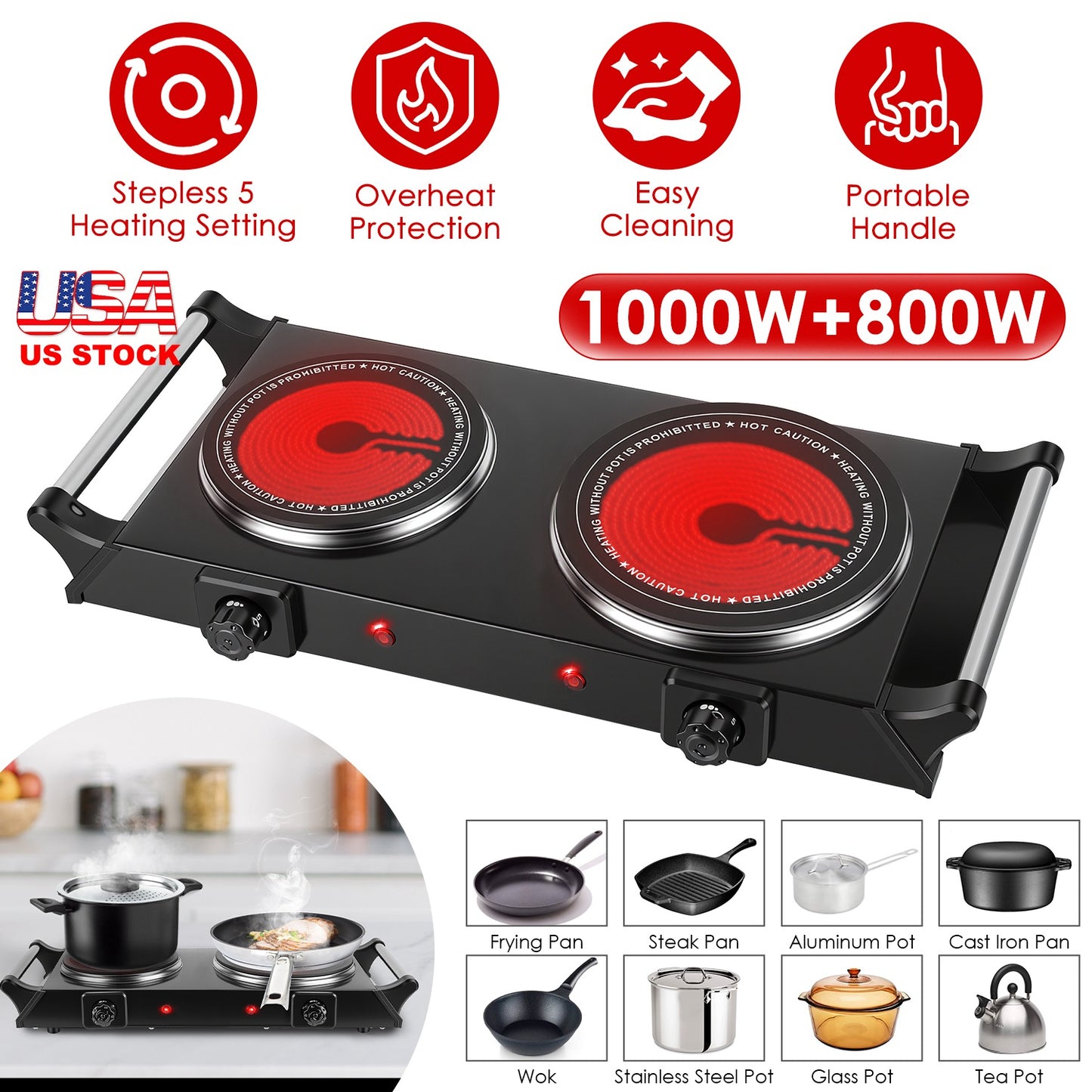 Electric Double Burner Hot Plate with Adjustable Temperature