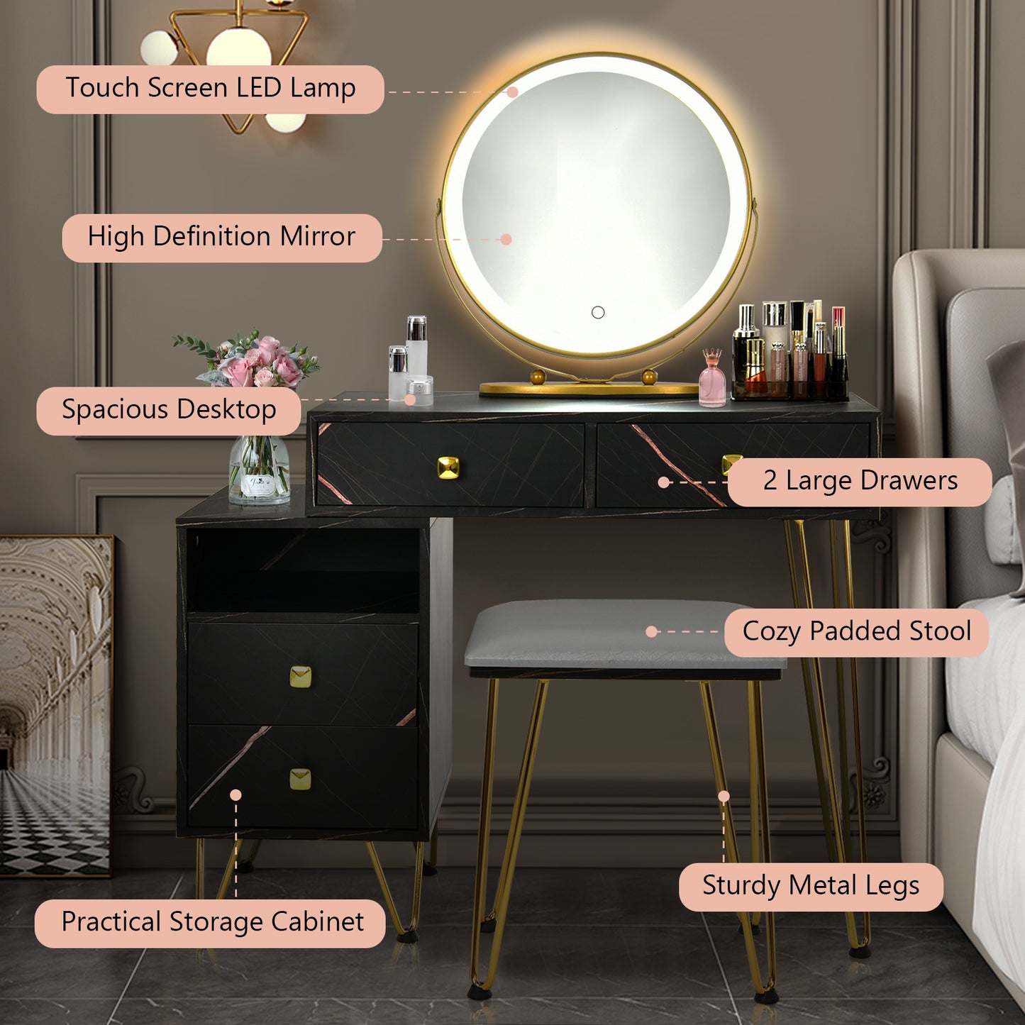 Vanity Table with LED Lighted Mirror and Storage Cabinet
