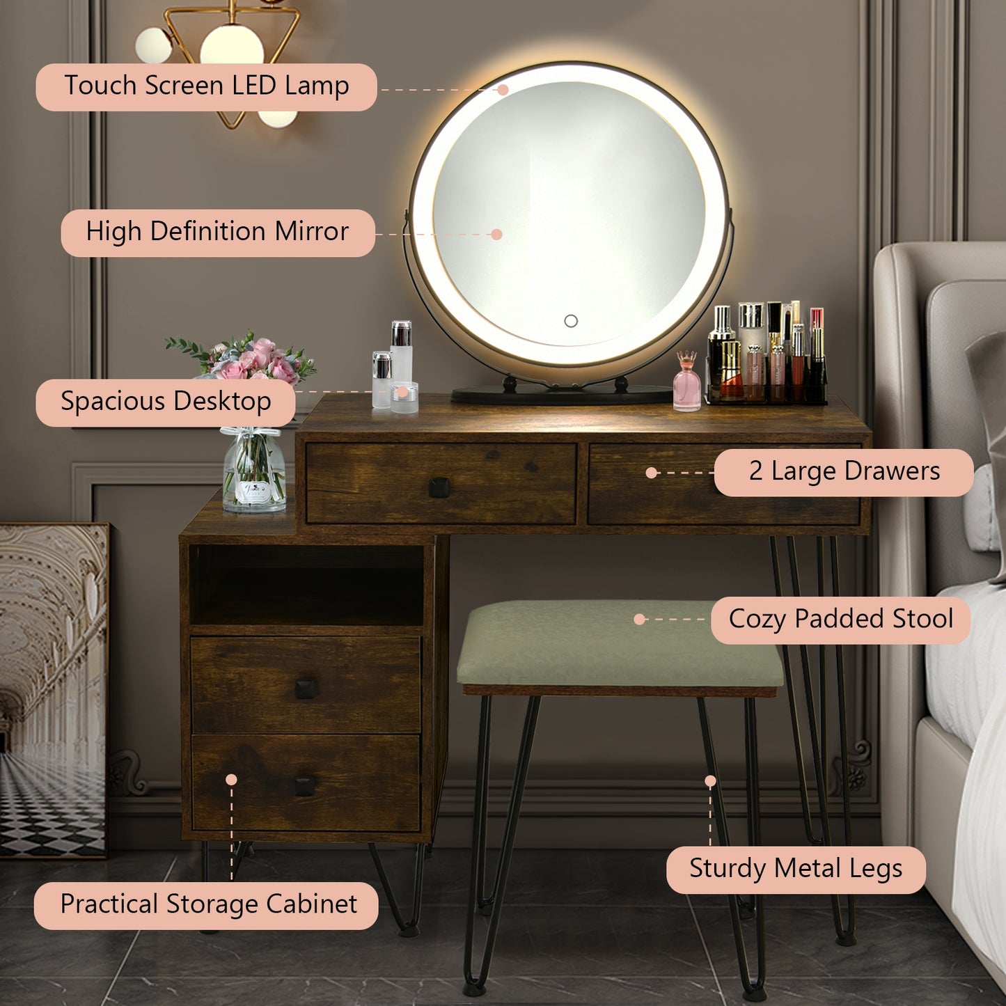 Vanity Table with LED Lighted Mirror and Storage Cabinet