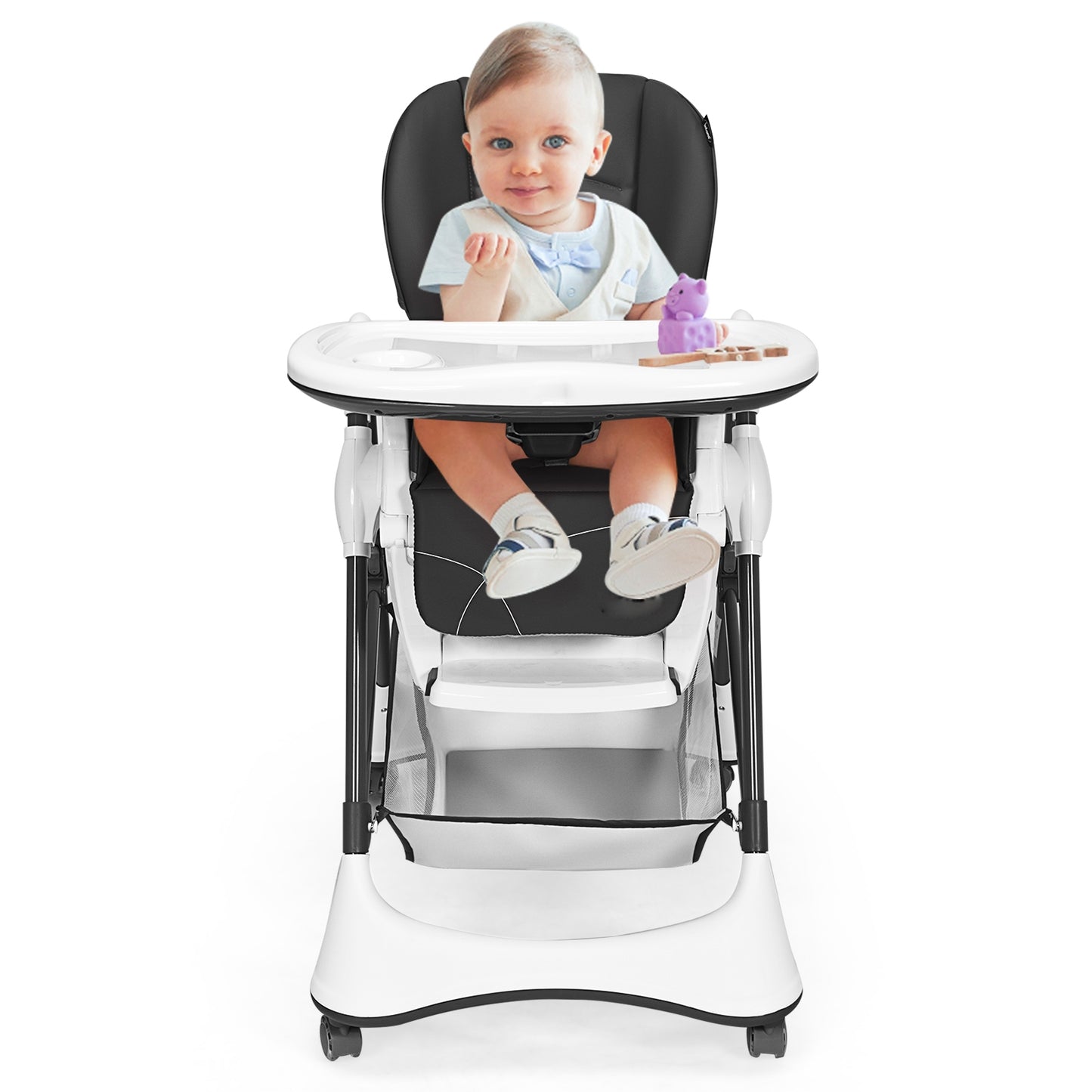 Foldable High Chair with 4 Lockable Wheels and 5-Point Harness