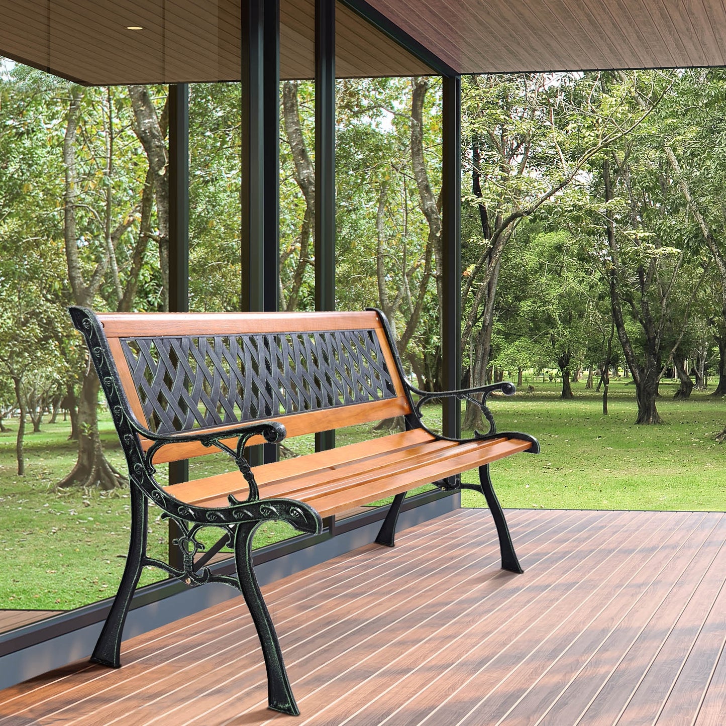 Cast Iron Patio Bench with Wood Seat - 463 lb Capacity