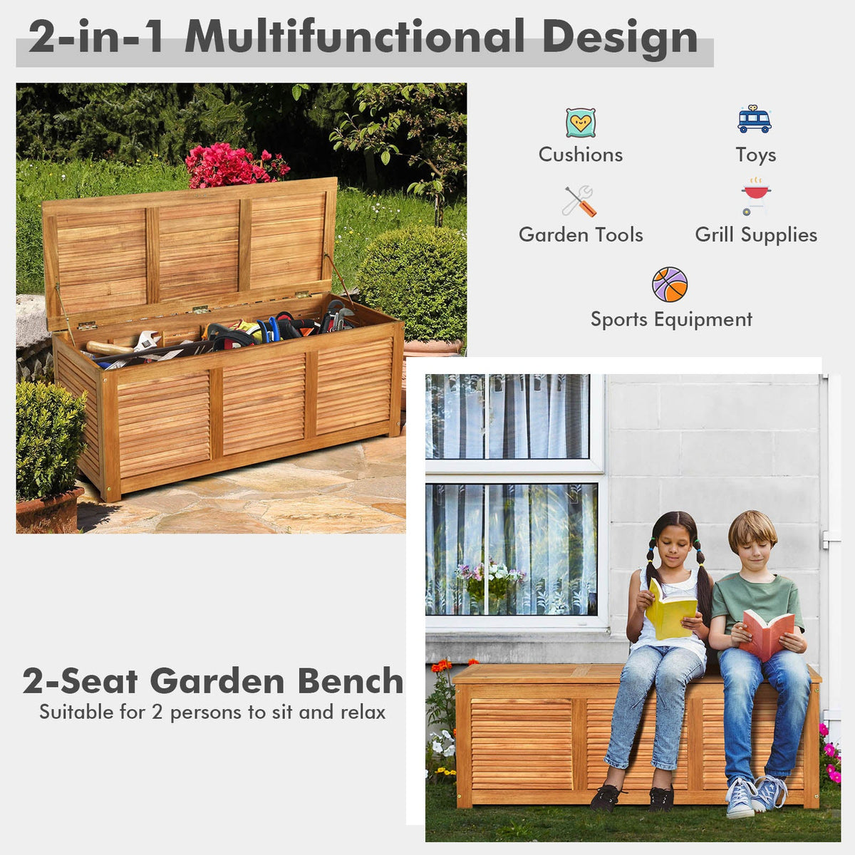 46 Gallon Acacia Wood Storage Bench Box for Patio Garden Deck