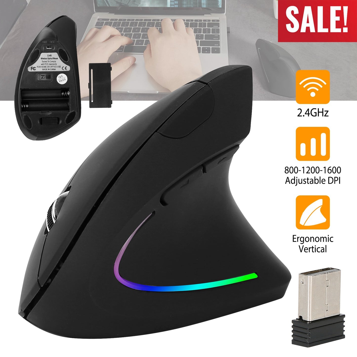 Wireless Vertical Mouse with Ergonomic Design & 6 Buttons