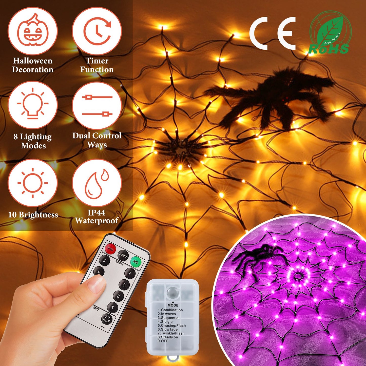 Spider Web Light with Hairy Spider - 70 LED Halloween Decoration
