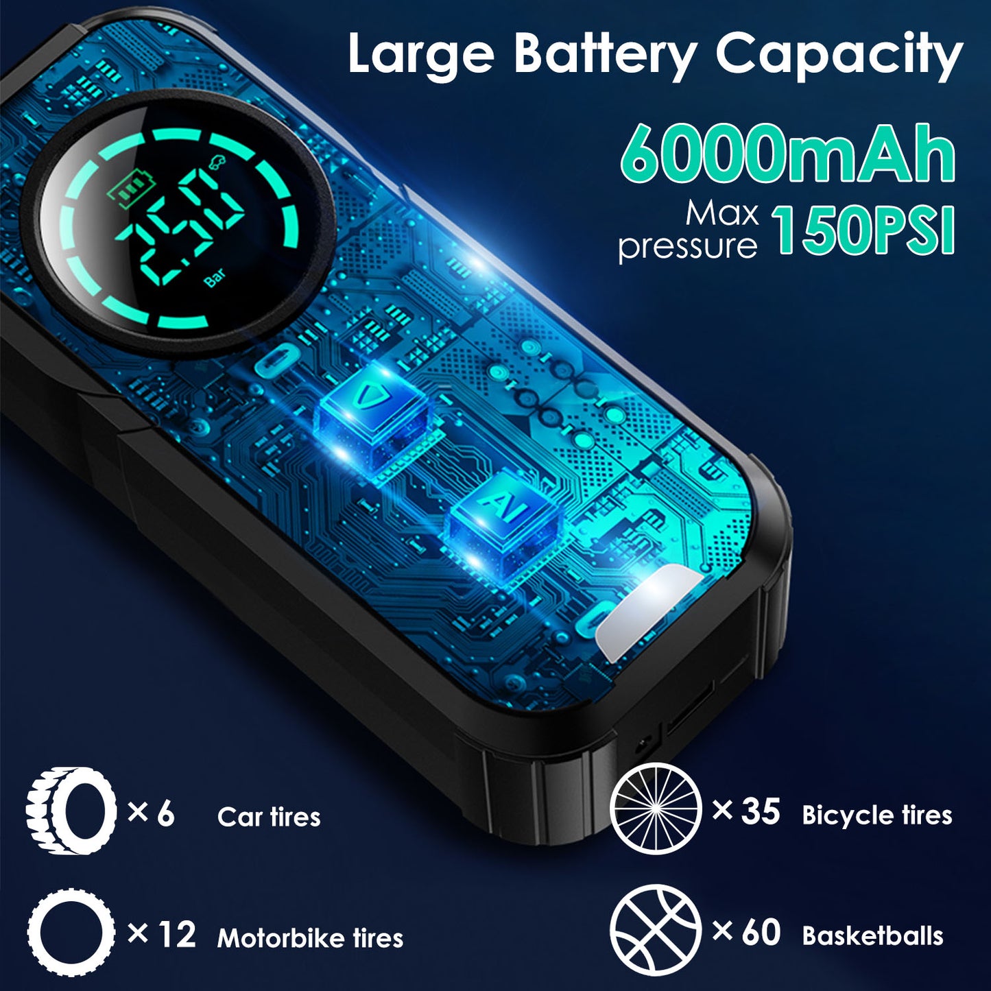 Portable Tire Inflator 150 PSI Wireless Air Compressor with LED