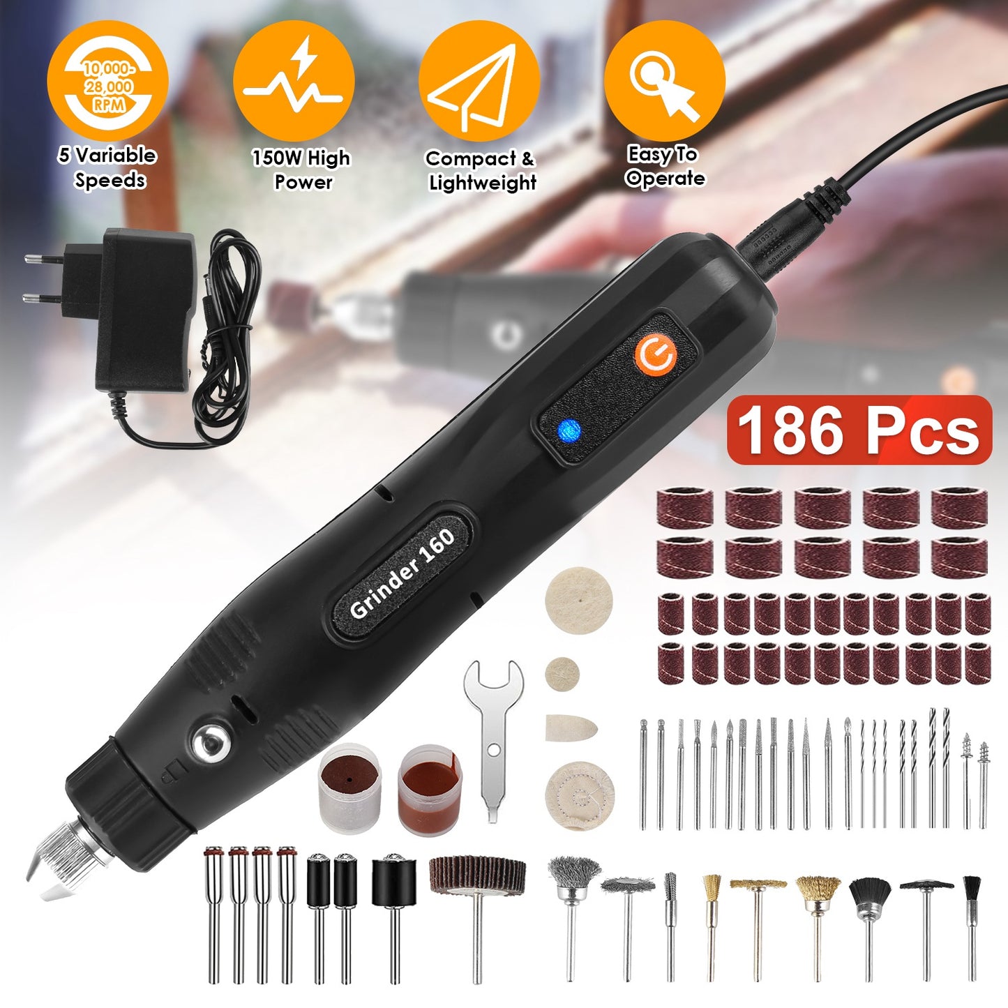 Corded Rotary Tool Set 186-Piece with 5 Variable Speeds