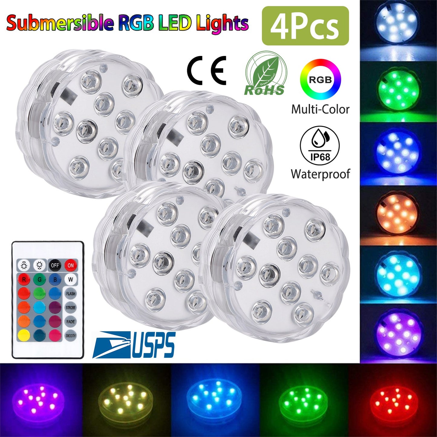 Submersible RGB LED Lights with Remote - 4 Pack Waterproof