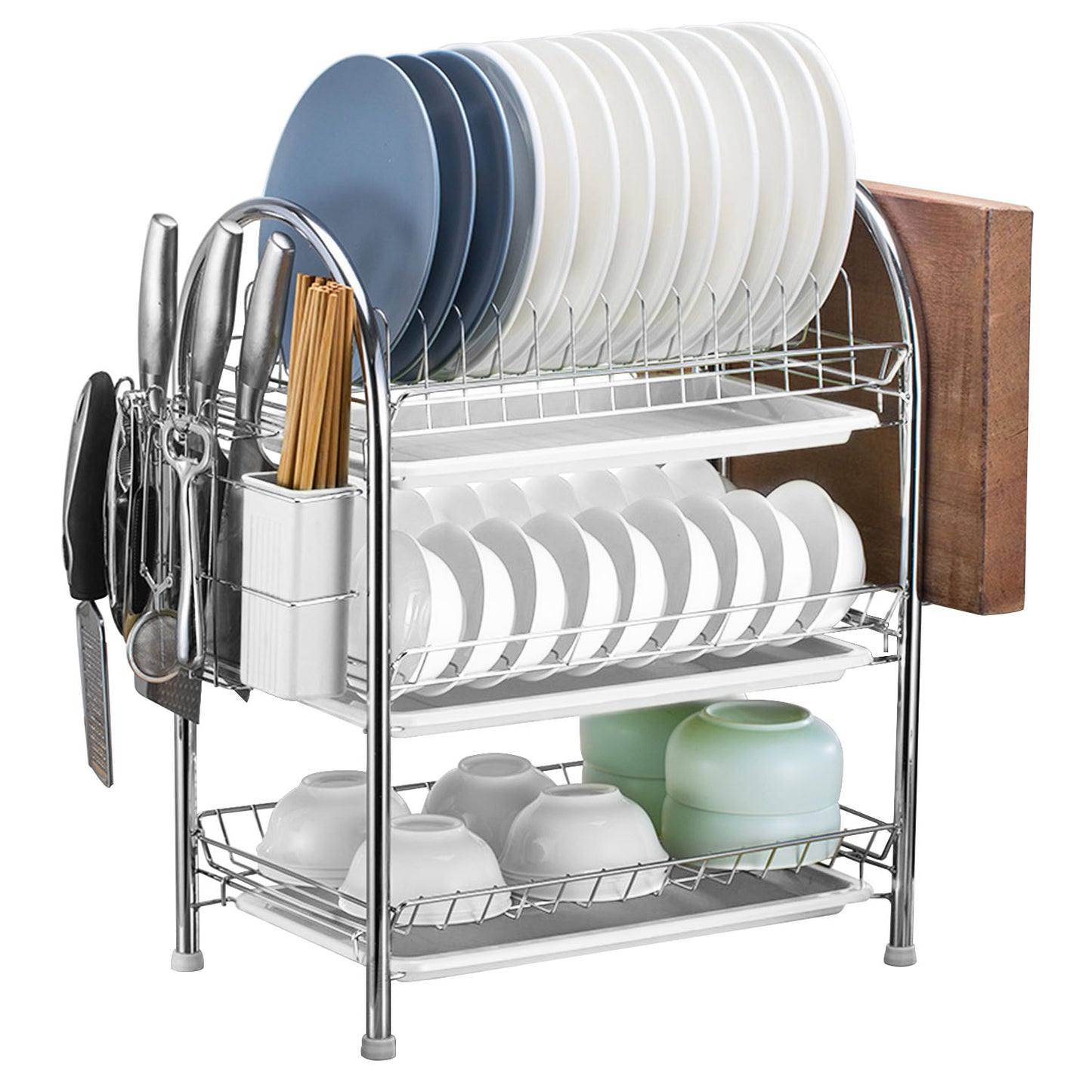 3-Tier Dish Drying Rack with Utensil Holder & Drain Trays